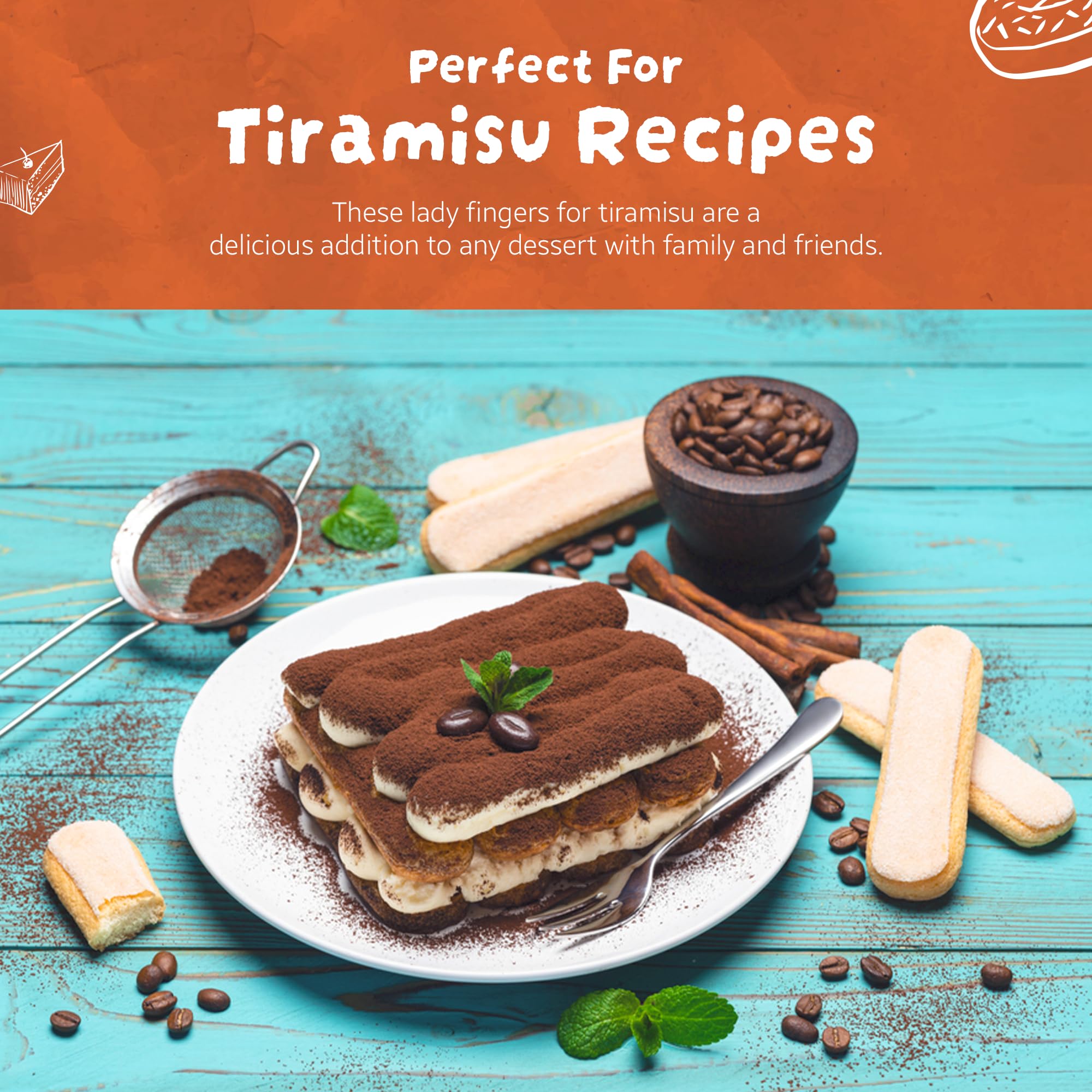 Bell'Amore Savoiardi cookies stack, uniform texture ideal for layered desserts.