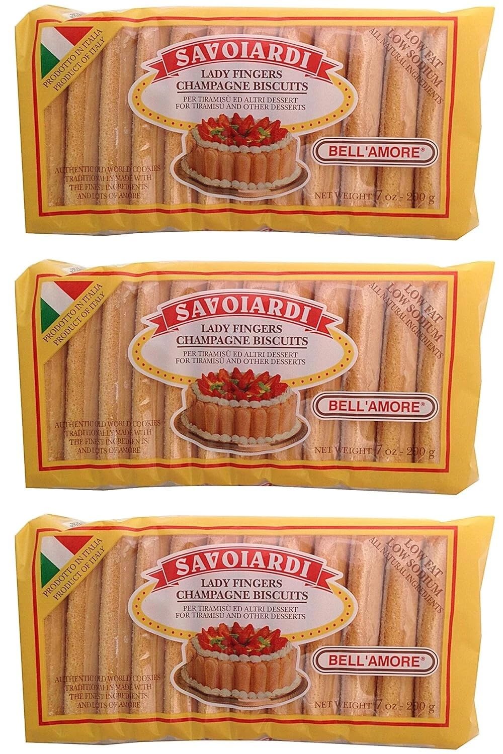 Bell'Amore Savoiardi package front, premium Italian ladyfingers for tiramisu.