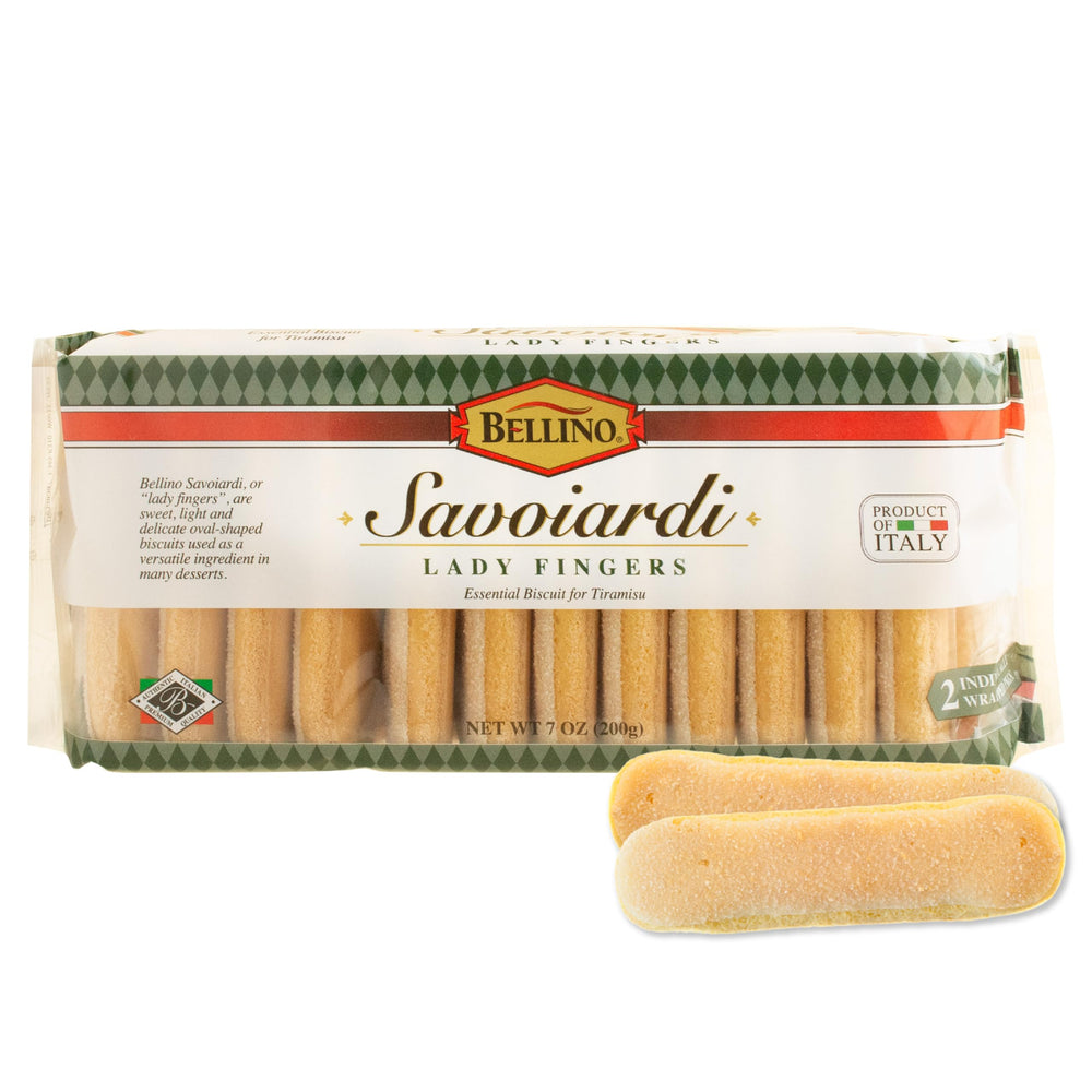 Bellino Savoiardi packaging seal highlights freshness for authentic tiramisu prep.