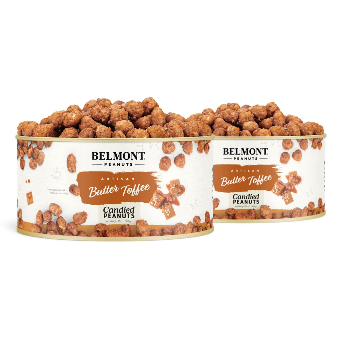 Belmont Peanuts Gourmet Butter Toffee Peanuts in 20 oz pack, rich and crunchy for snacking.