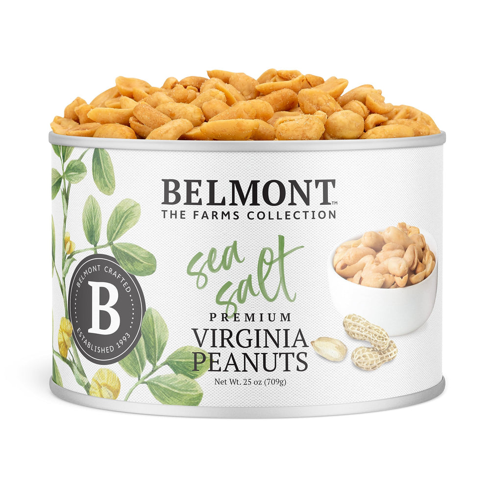 Belmont Peanuts gourmet sea salted Virginia peanuts 25 oz pack ready to share.