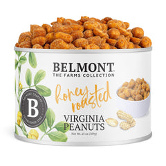 Belmont Peanuts honey roasted Virginia peanuts 25 oz pack on shelf, ideal for gatherings.
