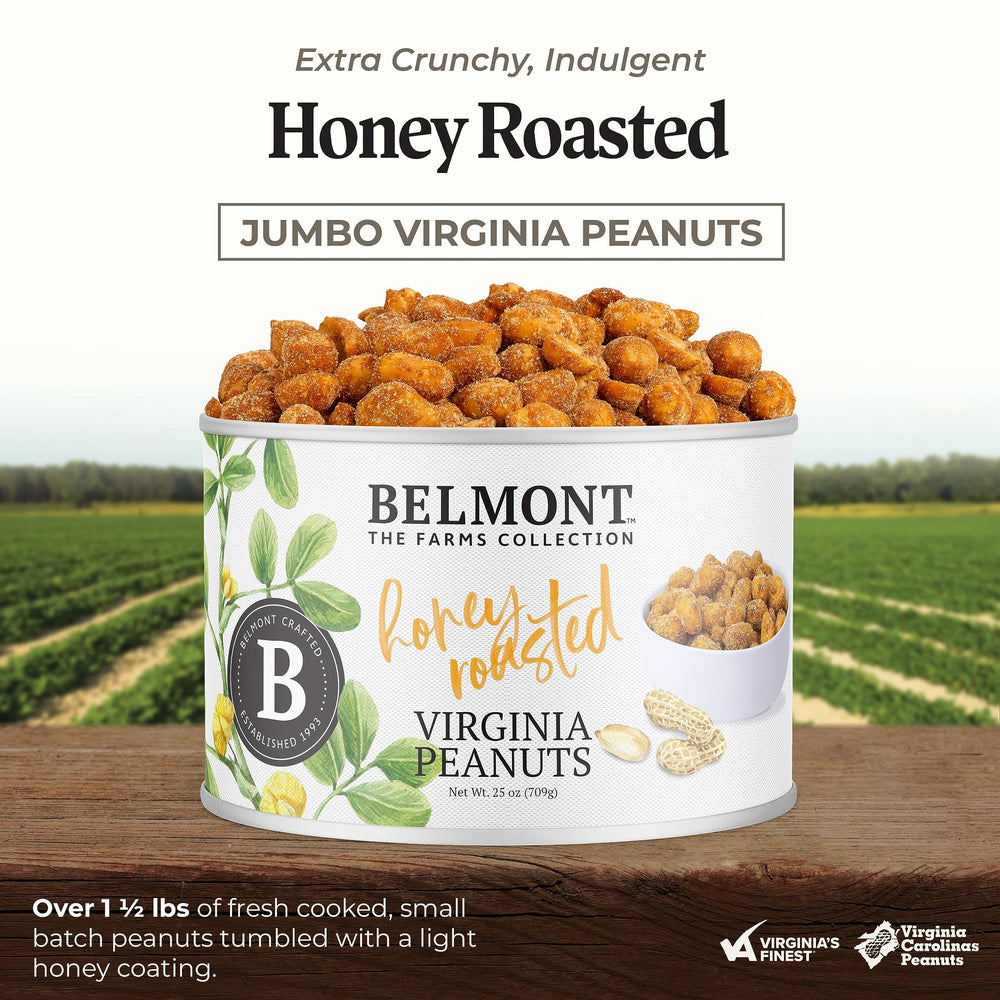 Belmont Peanuts honey roasted Virginia peanuts roasting pan close-up, crisp texture to savor.
