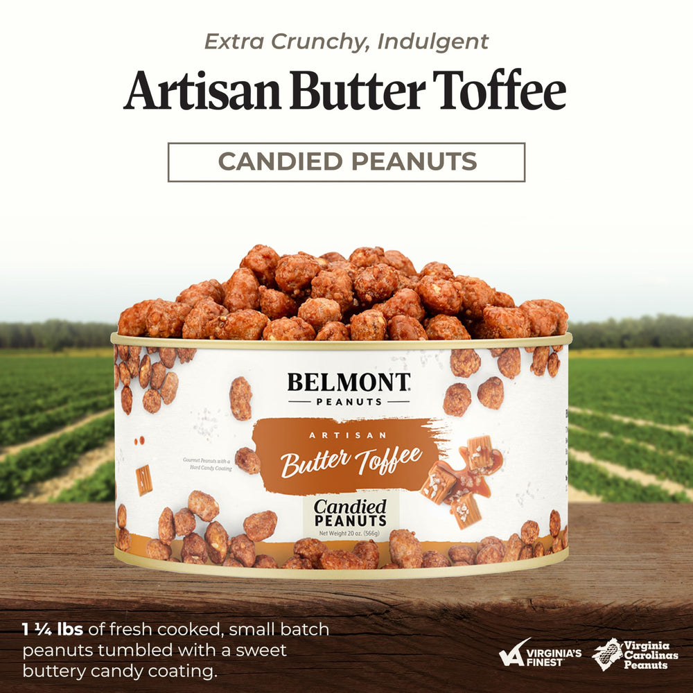 Belmont Peanuts toffee glaze crystal pieces highlight the rich, sweet crunch.