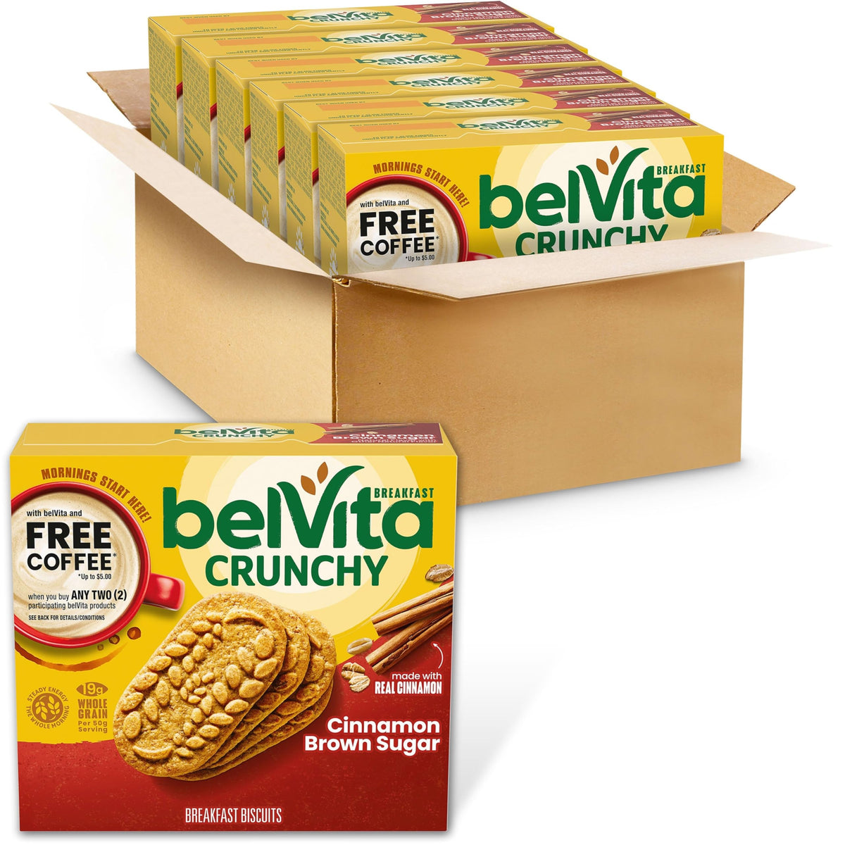Belvita Cinnamon Brown Sugar biscuits in packaging, ideal for on-the-go breakfast energy.