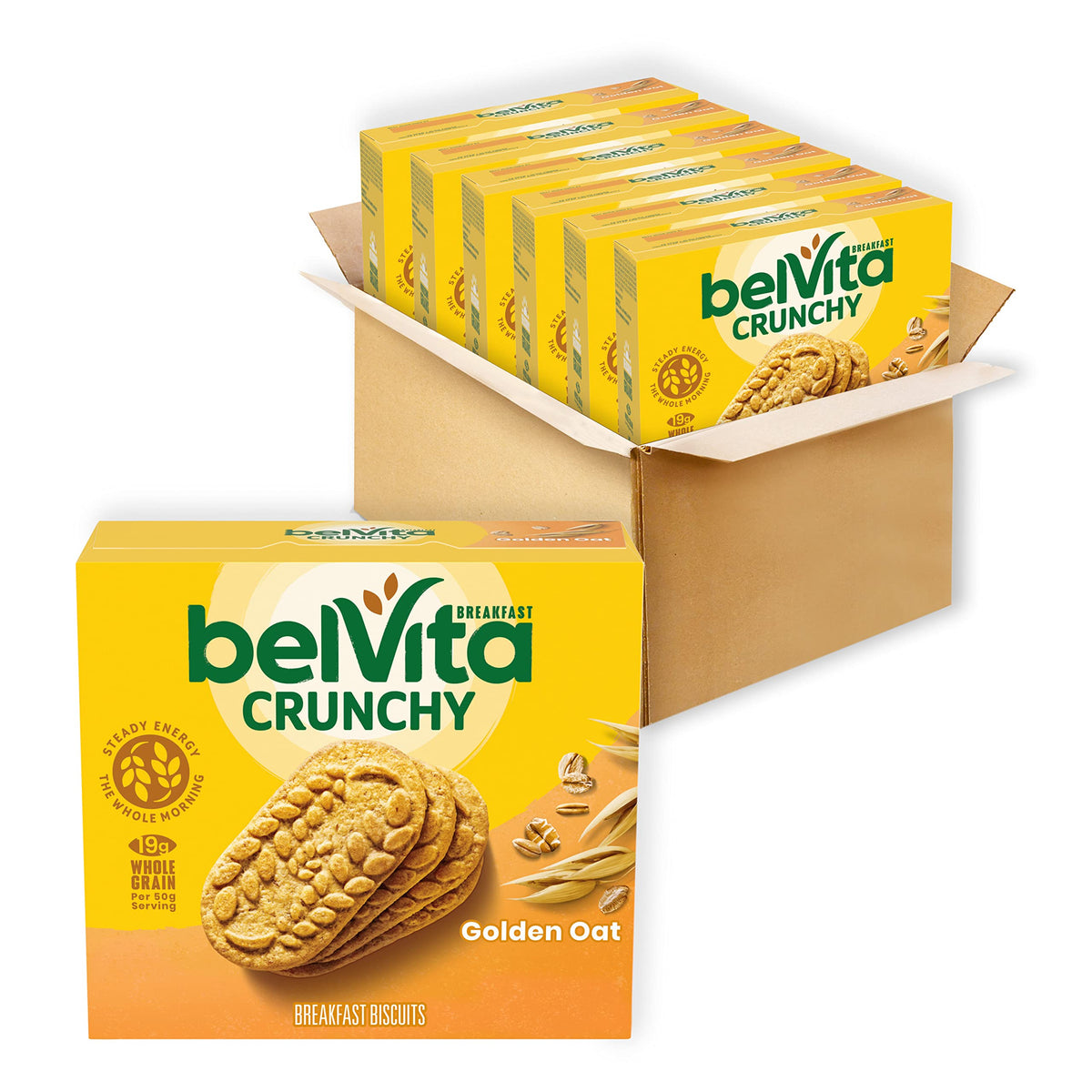 Belvita Golden Oat biscuits on the packaging front signaling steady energy.