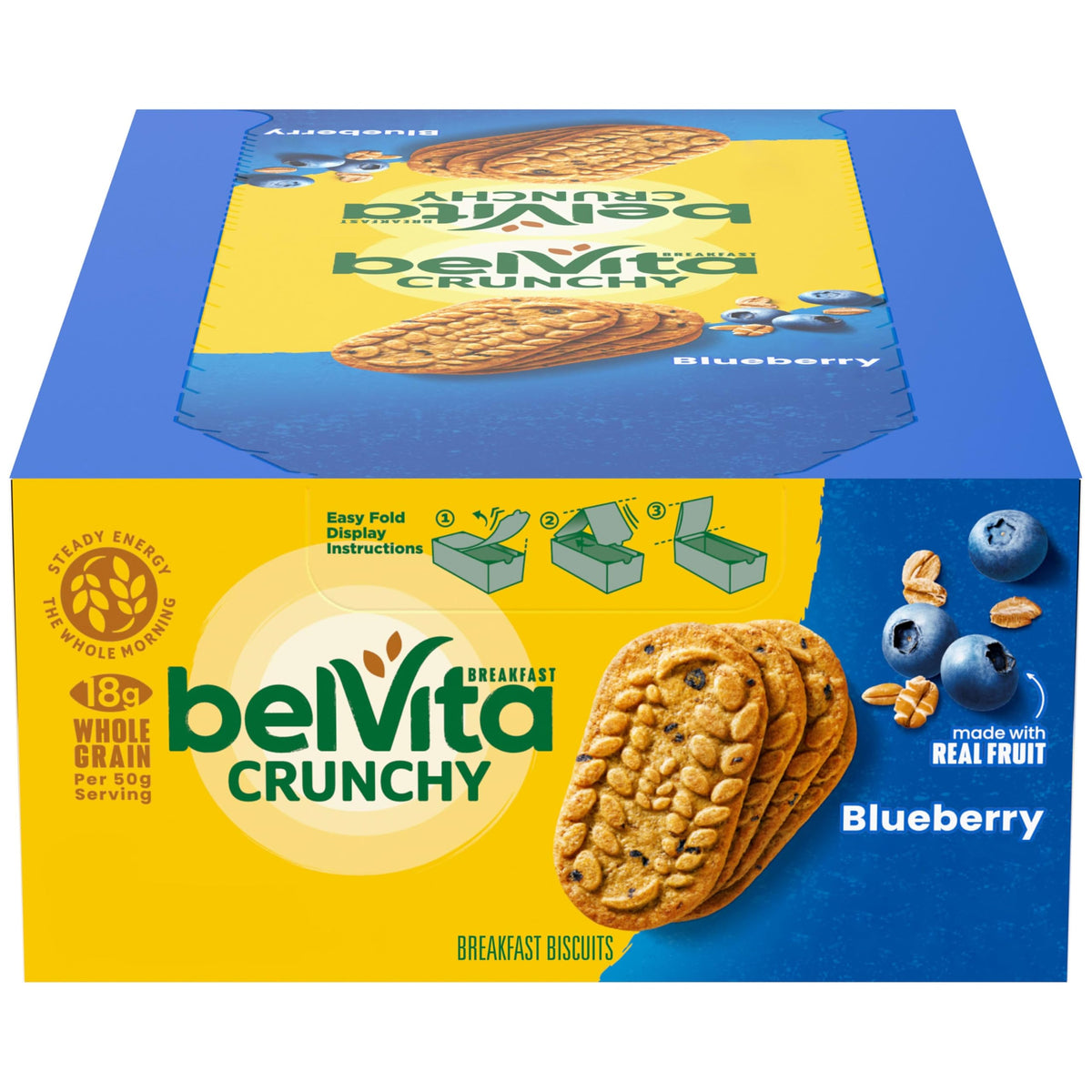 Belvita Blueberry Breakfast Biscuits box with eight packs for convenient morning energy.