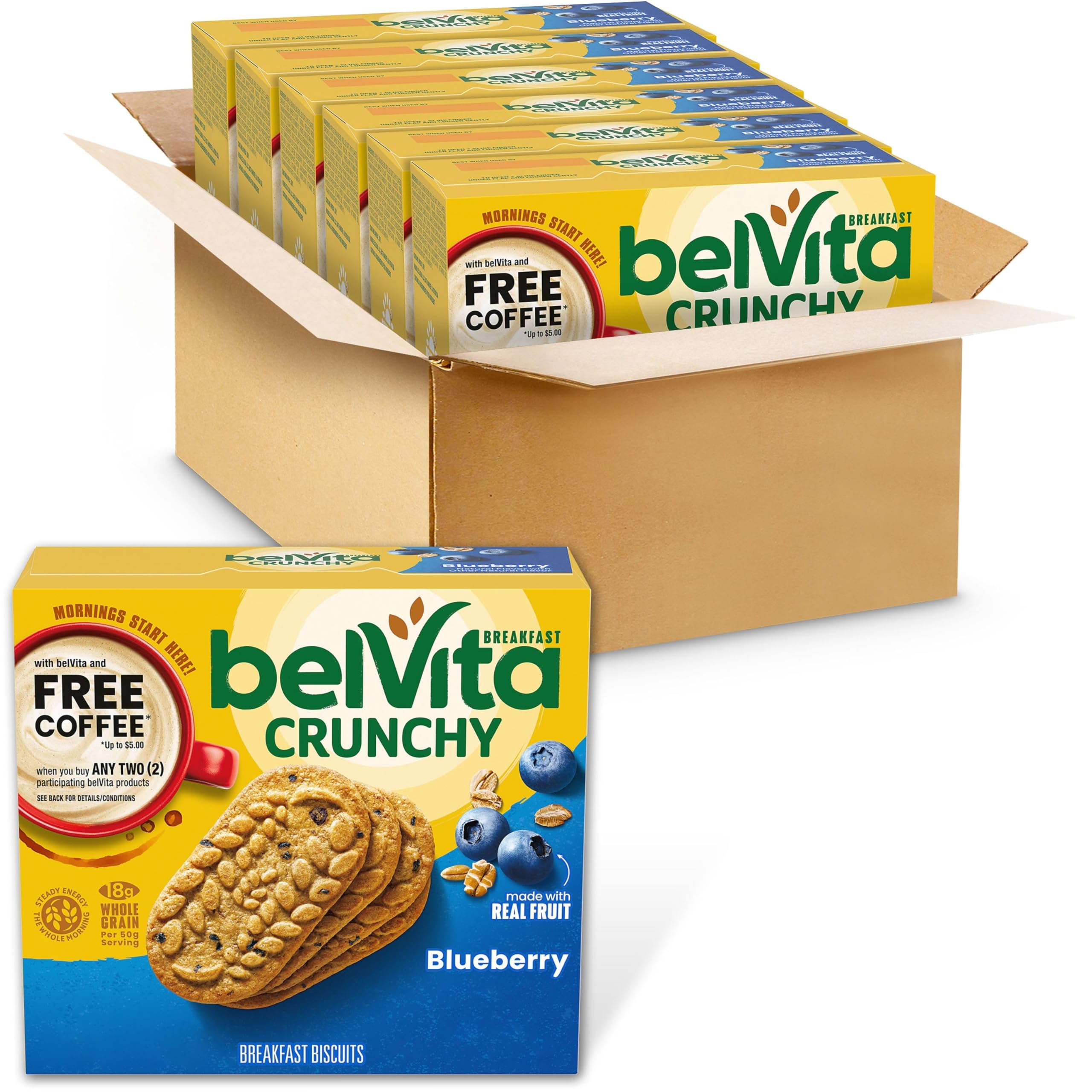 Belvita Blueberry Breakfast Biscuits pack on store shelf for busy mornings