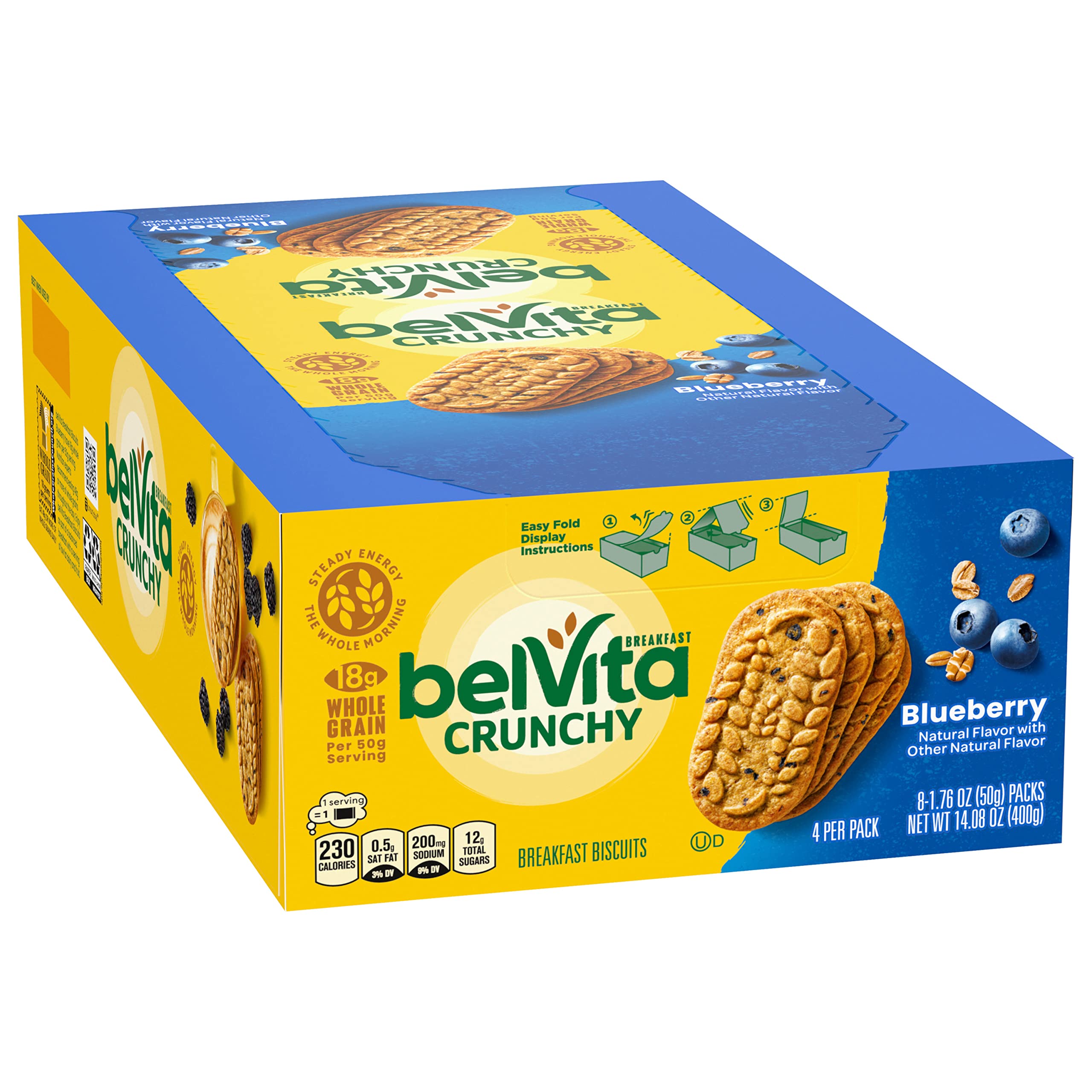Two Belvita blueberry biscuits broken open to reveal soft, dotted centers.