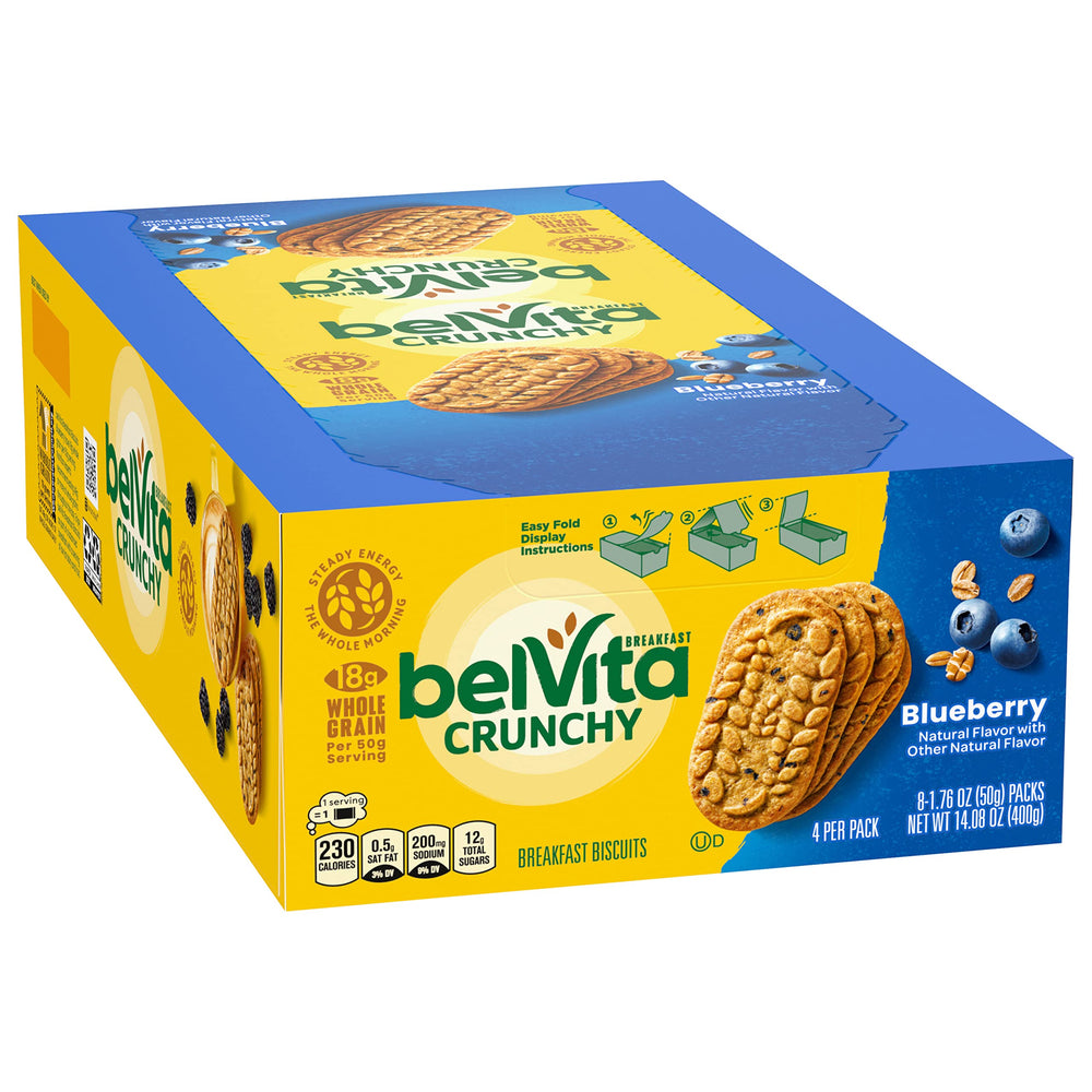 Two Belvita blueberry biscuits broken open to reveal soft, dotted centers.