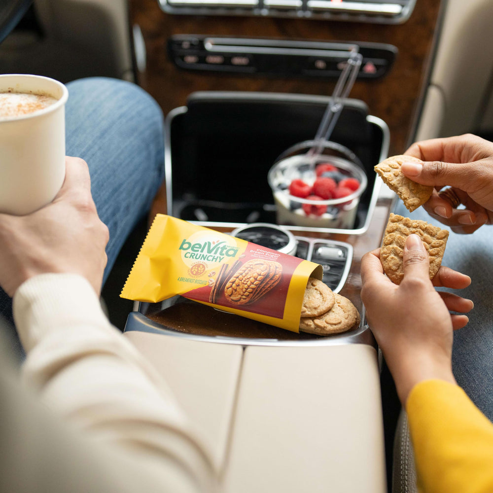 belVita Cinnamon Brown Sugar biscuits next to high-fructose corn syrup-free note