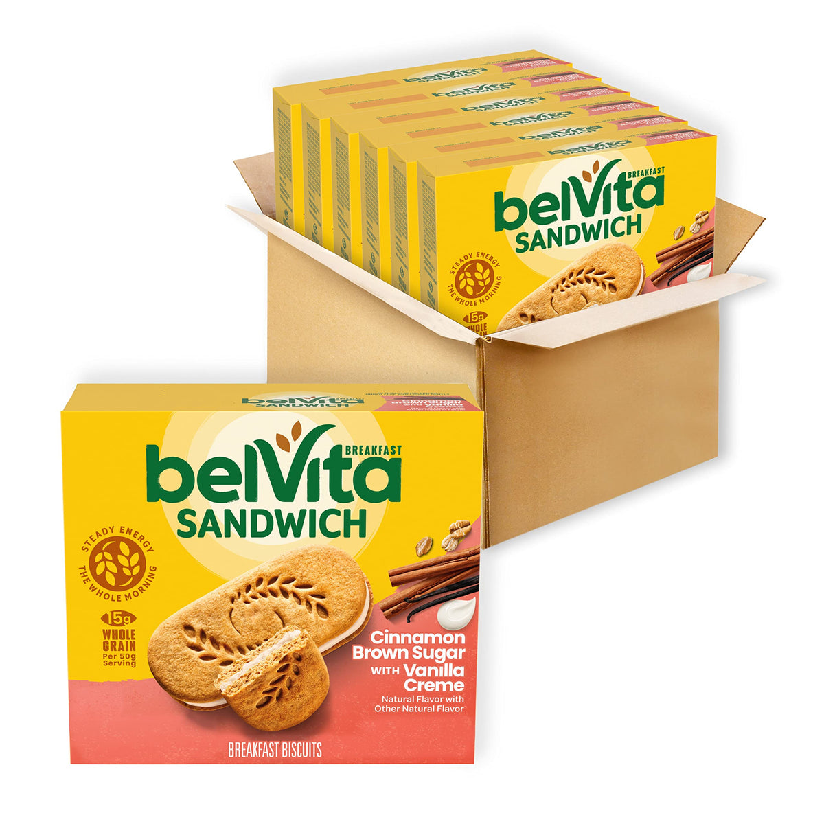 Belvita breakfast sandwich with two cinnamon brown sugar biscuits for on-the-go mornings.