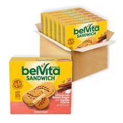 Belvita breakfast sandwich with two cinnamon brown sugar biscuits for on-the-go mornings.