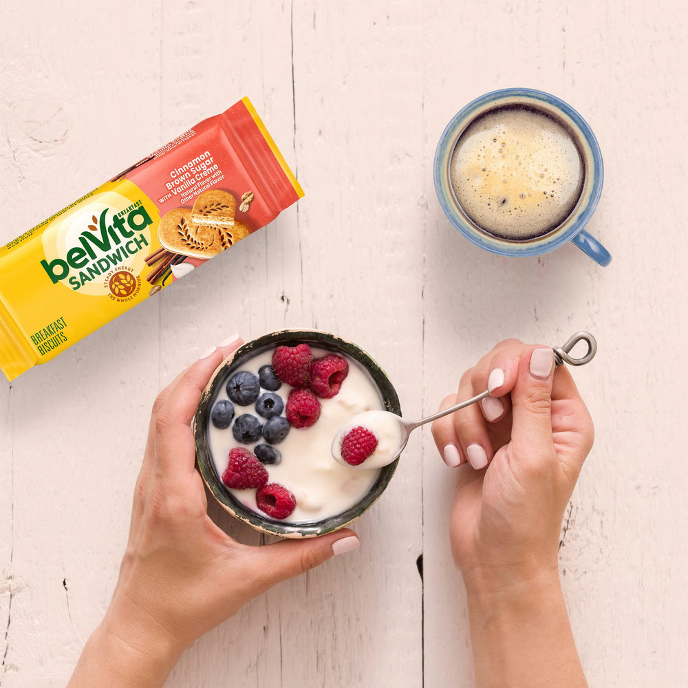 Belvita vanilla creme filling and crunchy biscuit texture in a portable package.