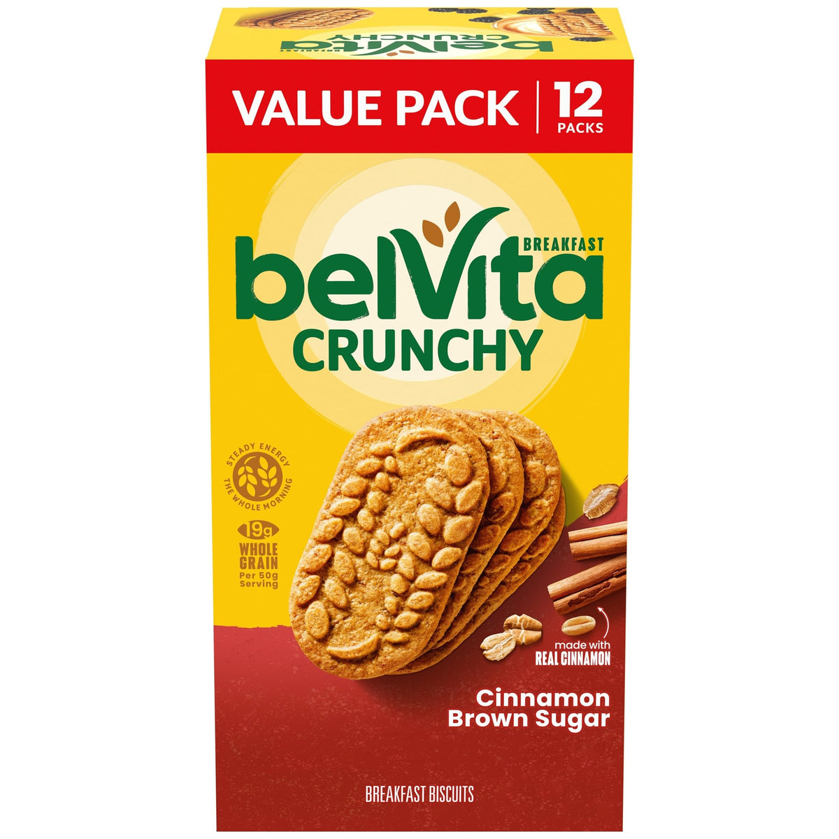Belvita cinnamon brown sugar breakfast biscuits in a 12-pack box, ideal for quick on-the-go mornings.