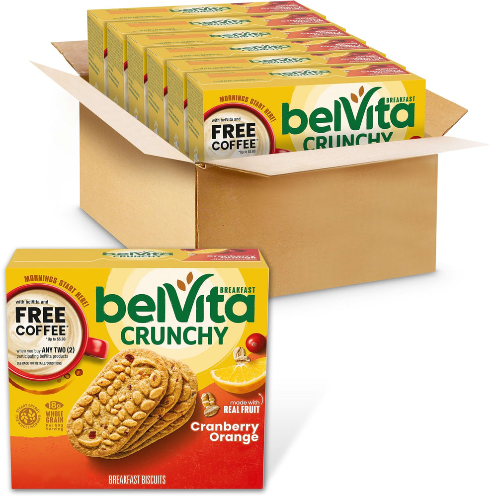 belVita Cranberry Orange Breakfast Biscuits box front view highlighting convenient packaging for a busy morning energy boost