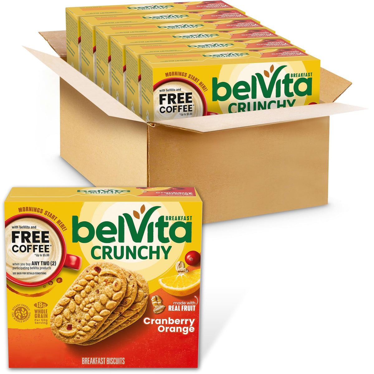 belVita Cranberry Orange Breakfast Biscuits box front view highlighting convenient packaging for a busy morning energy boost