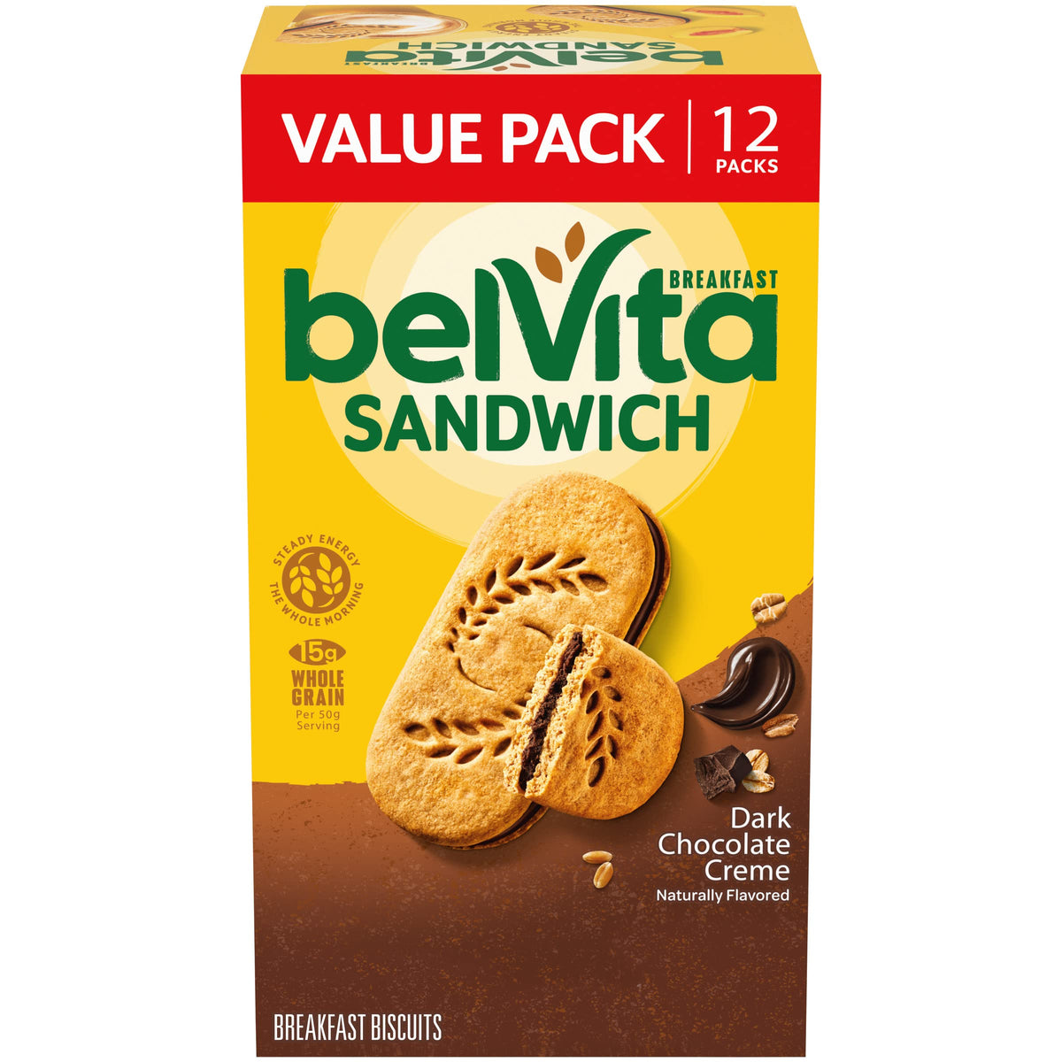 Belvita dark chocolate creme biscuits pack for on-the-go breakfast.