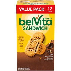 Belvita dark chocolate creme biscuits pack for on-the-go breakfast.
