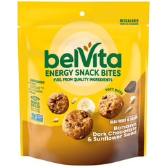 belVita Energy Snack Bites package shows banana-chocolate with seeds, ideal for on-the-go fueling.