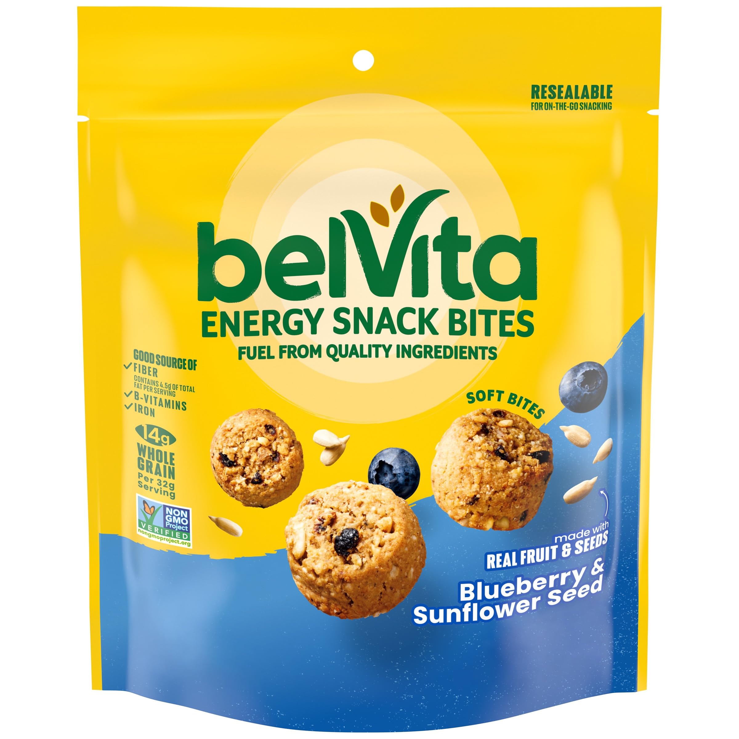 belVita Energy Snack Bites blueberry and seeds bag for on-the-go fueling.