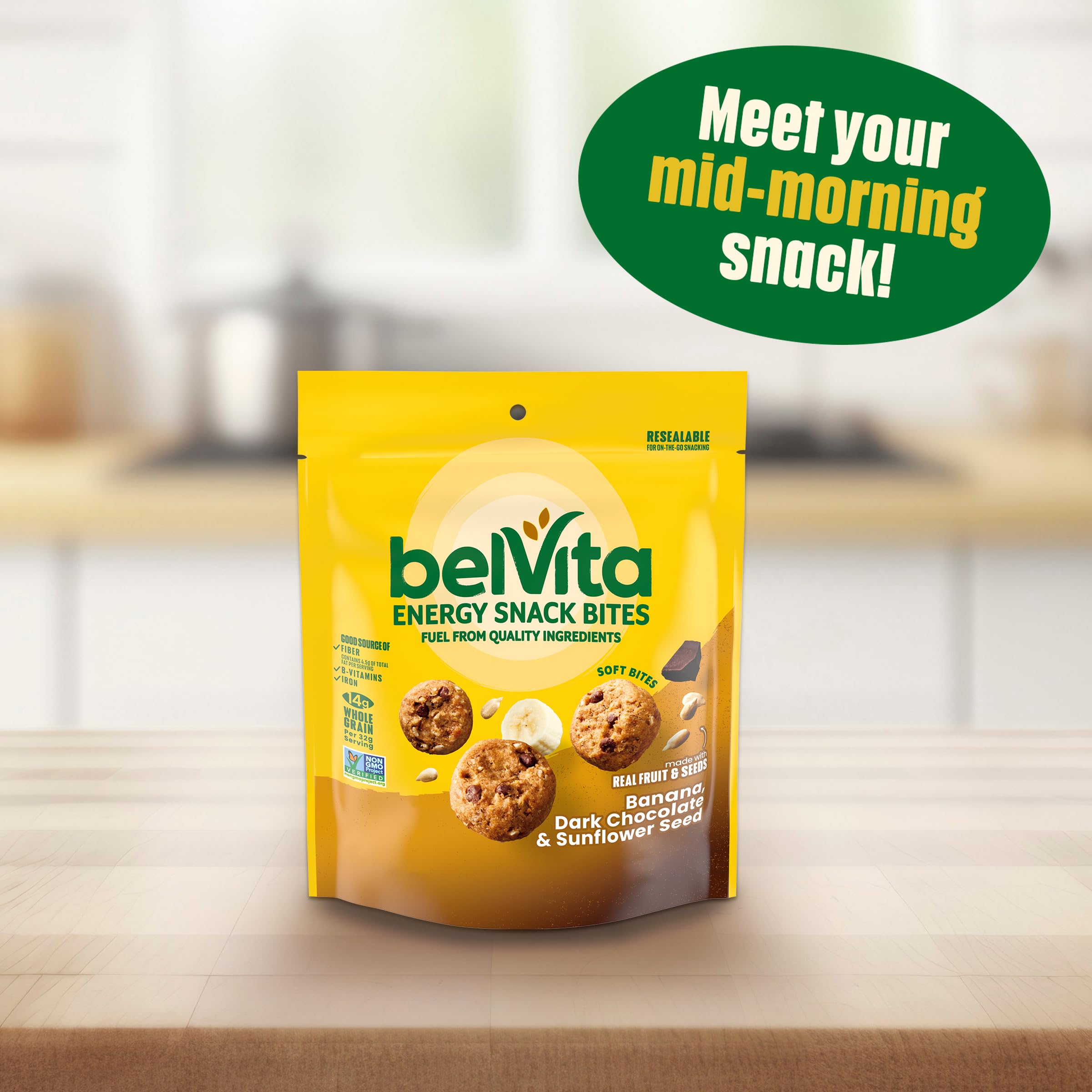 belVita Energy Snack Bites resealable pouch keeps bites fresh and portable.