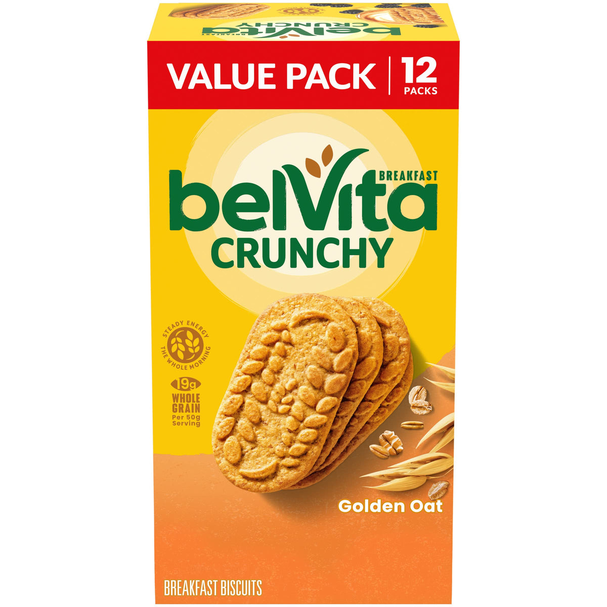 Belvita Golden Oat biscuits pack front view, convenient morning option with steady energy.