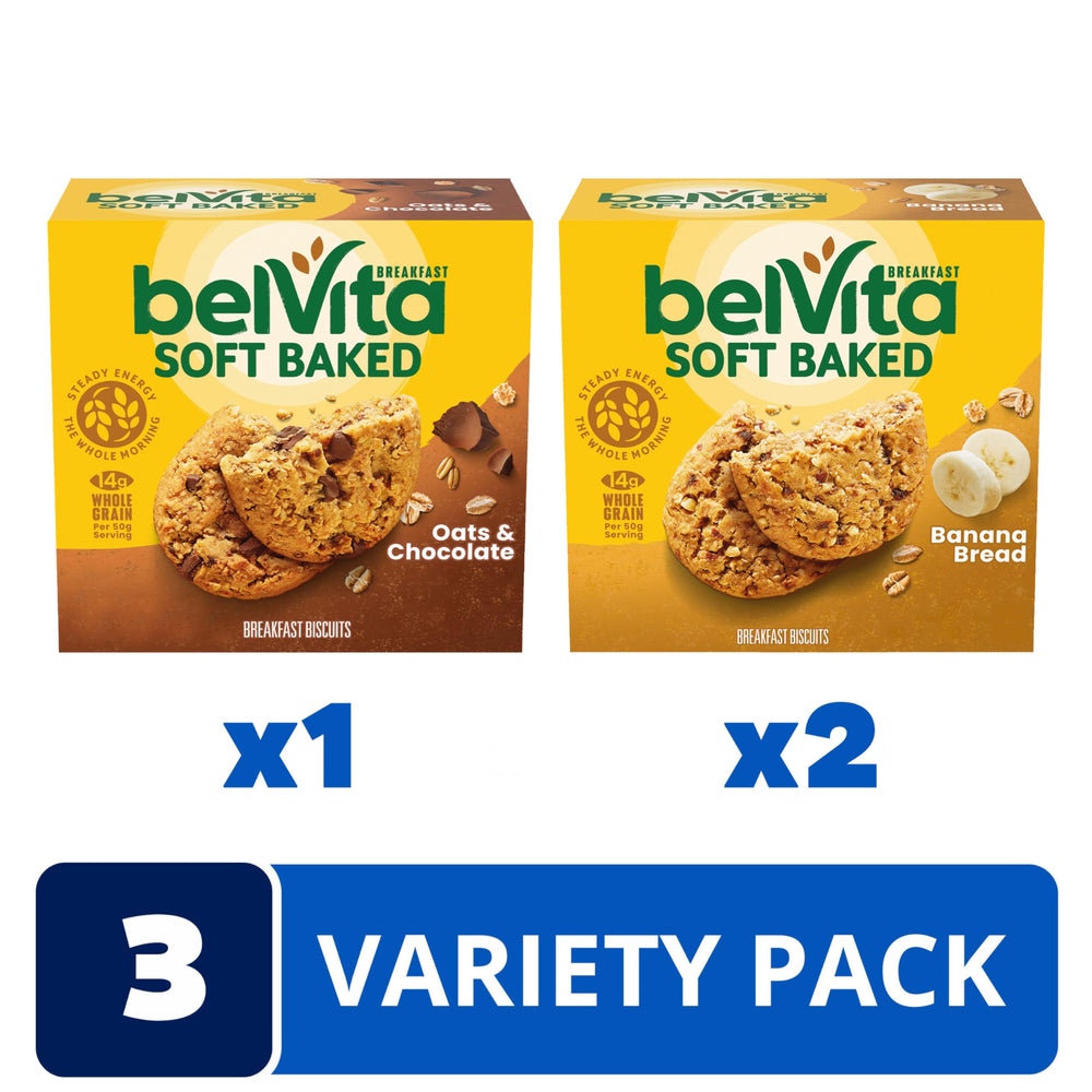 Belvita soft baked Oats & Chocolate pack front highlight variety