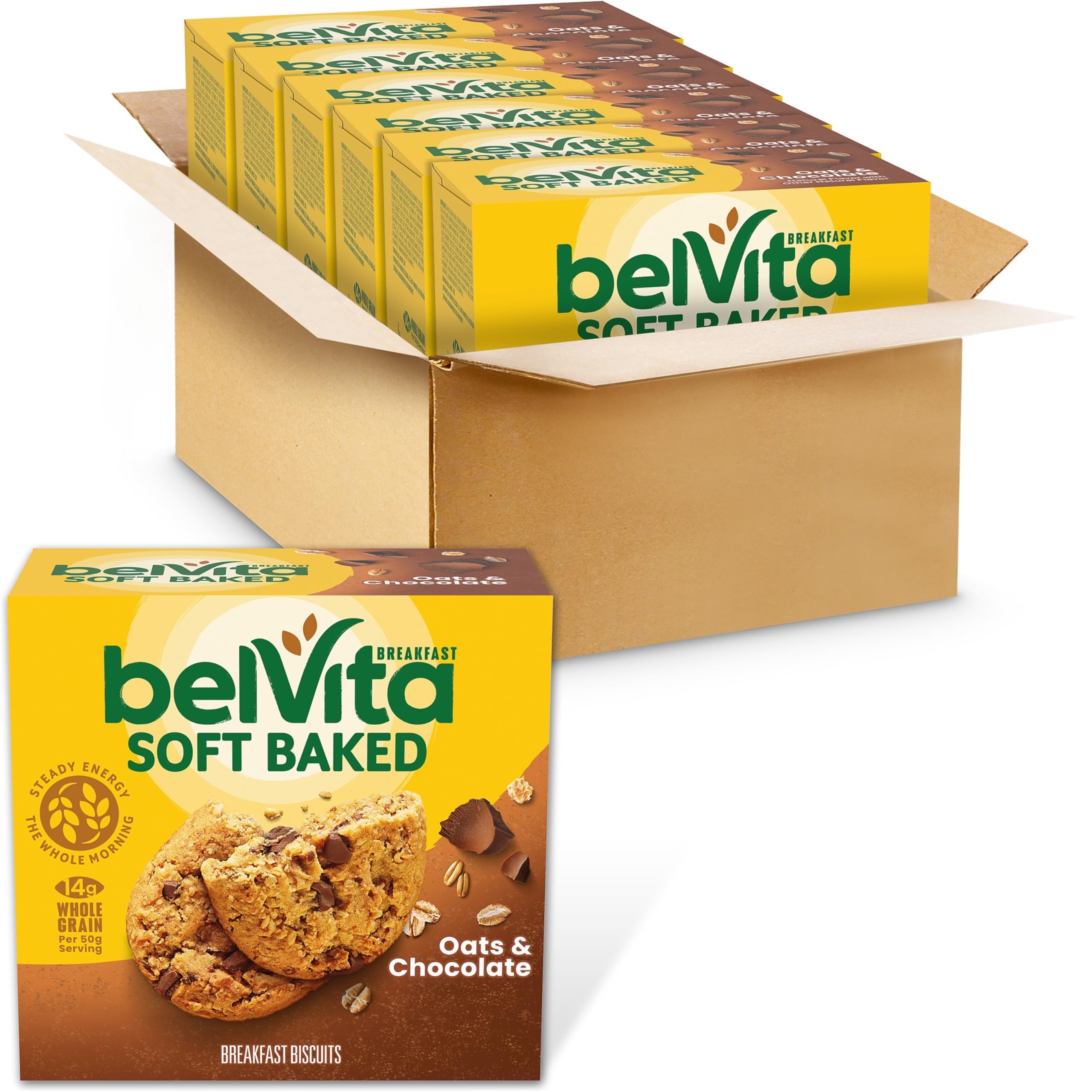 Belvita Soft Baked Oats & Chocolate bar on a plate for steady morning energy.