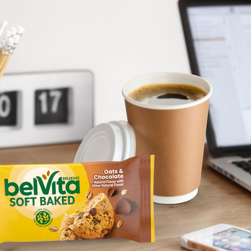 Belvita bar packaging shown in a grocery store setup.