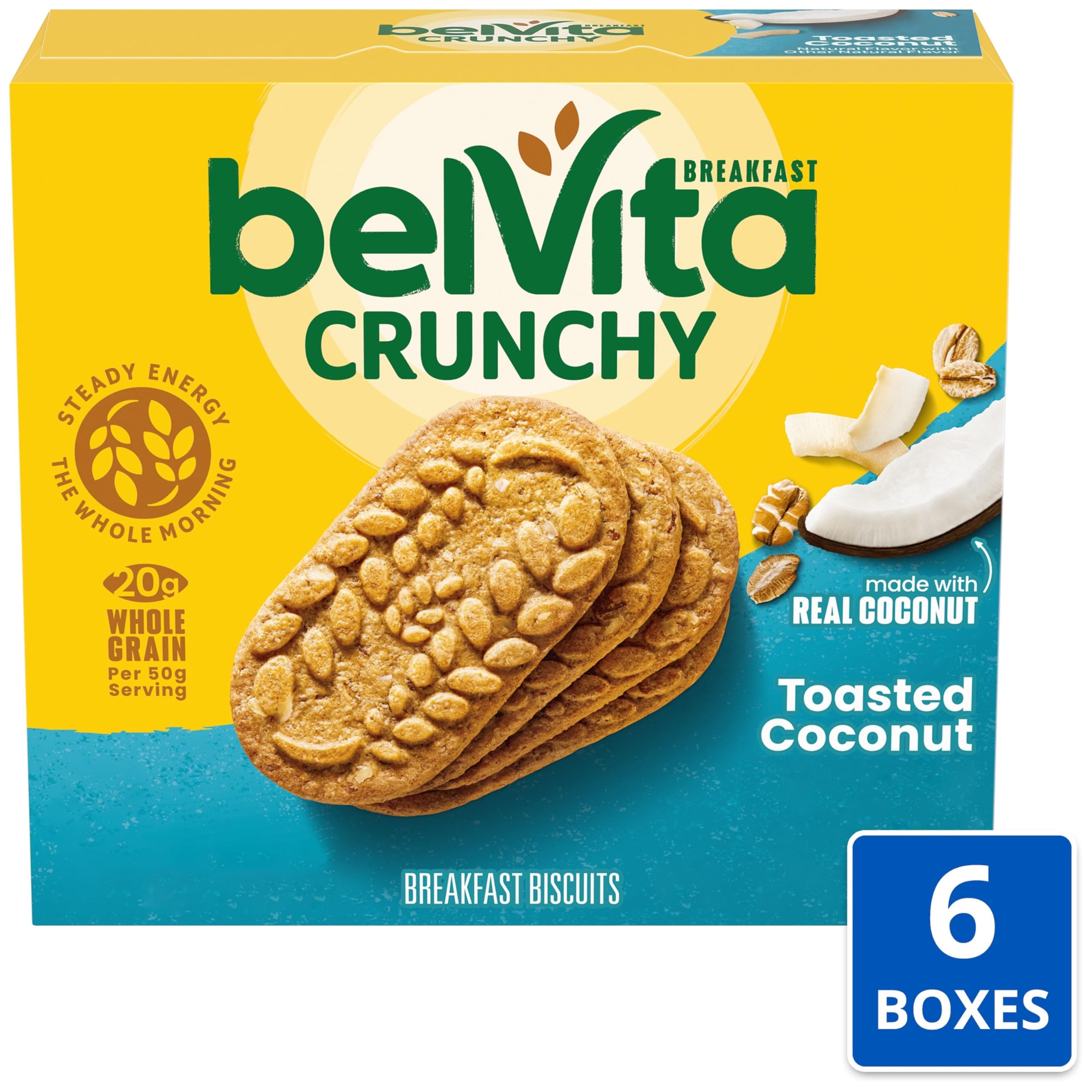 Belvita coconut biscuits stacked, easy to share at home or office