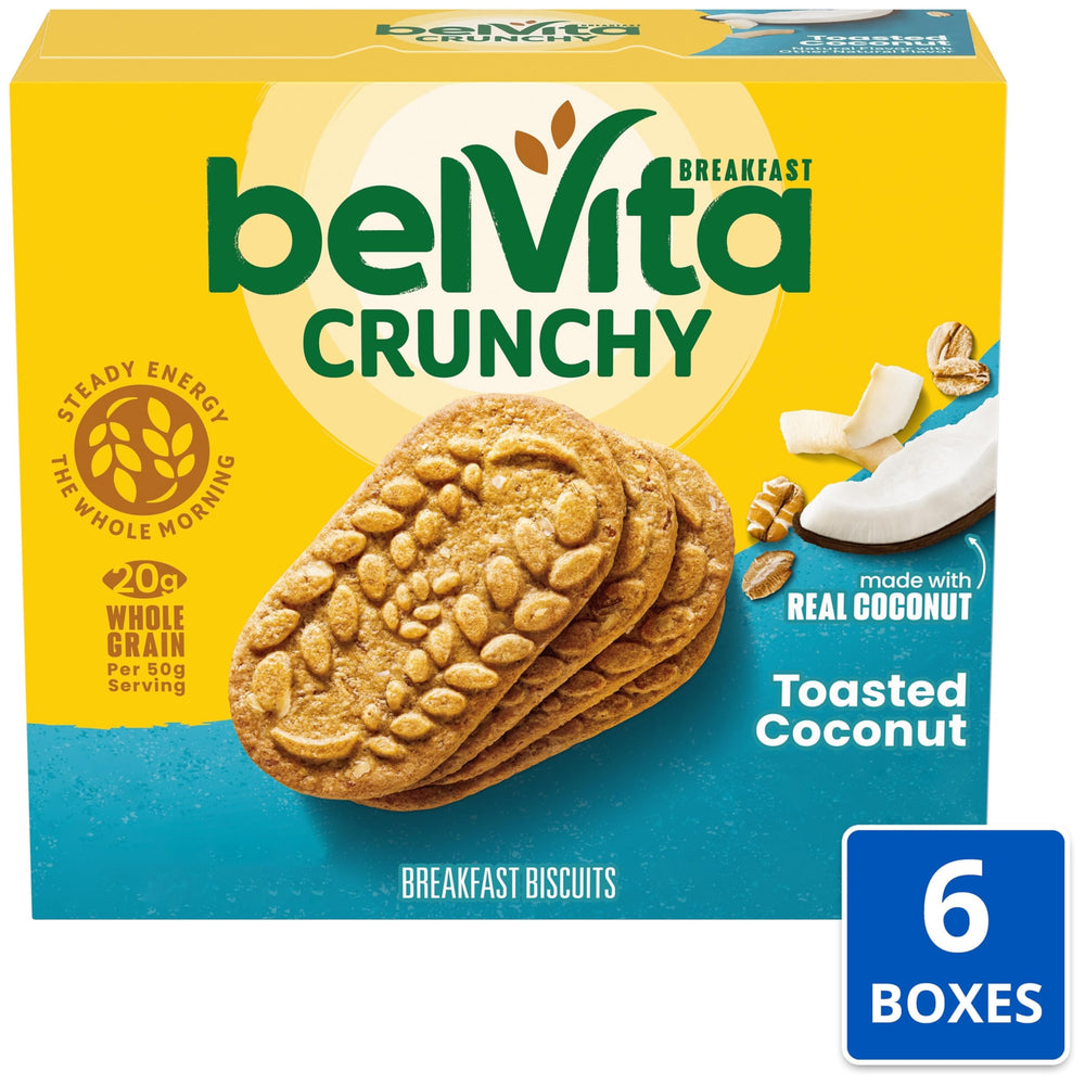 Belvita coconut biscuits stacked, easy to share at home or office