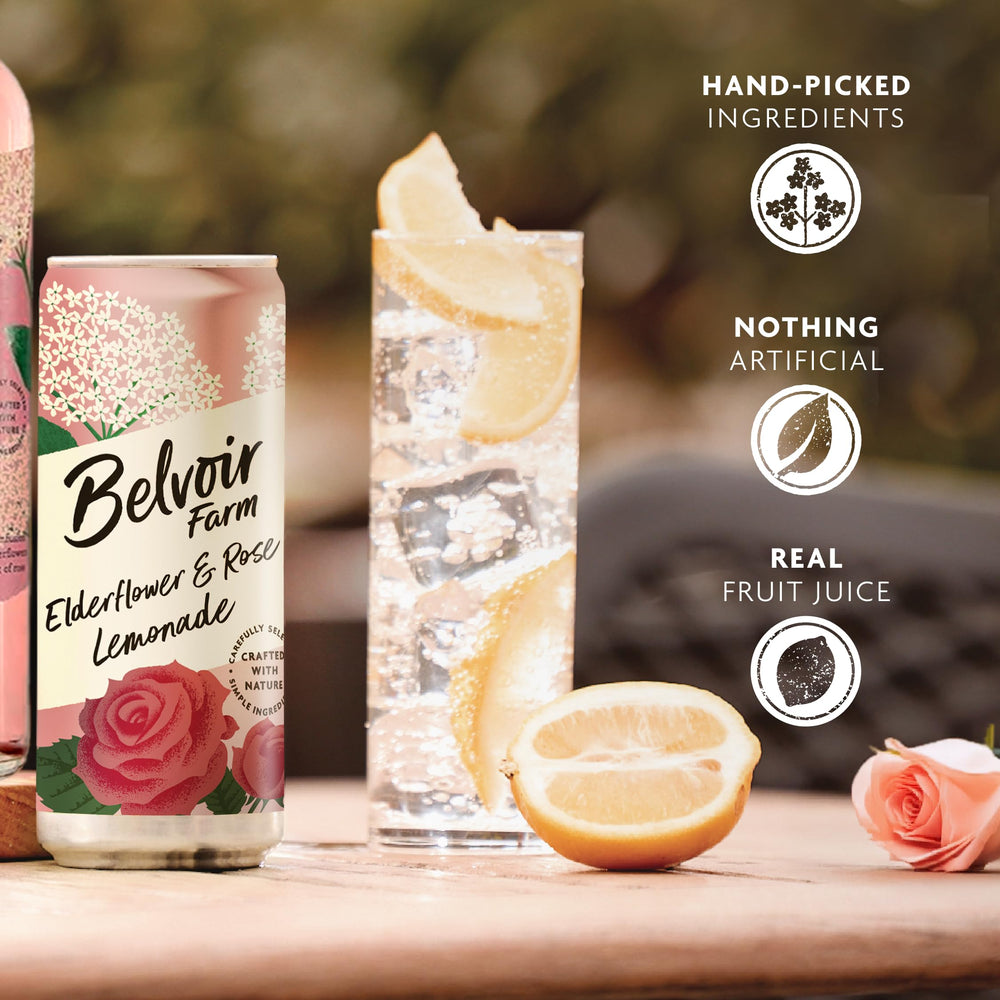 Belvoir Farm Elderflower & Rose bottle label close-up highlighting natural ingredients