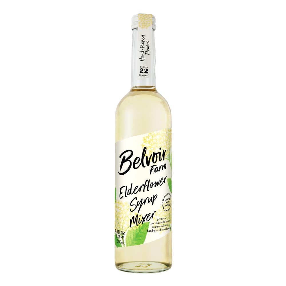 Belvoir Fruit Farms Elderflower Syrup bottle close-up for premium cocktails.