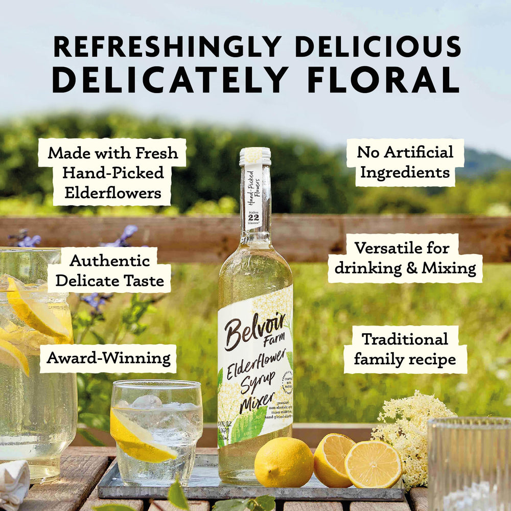 Belvoir Elderflower Syrup ingredients with elderflowers highlight natural flavor.
