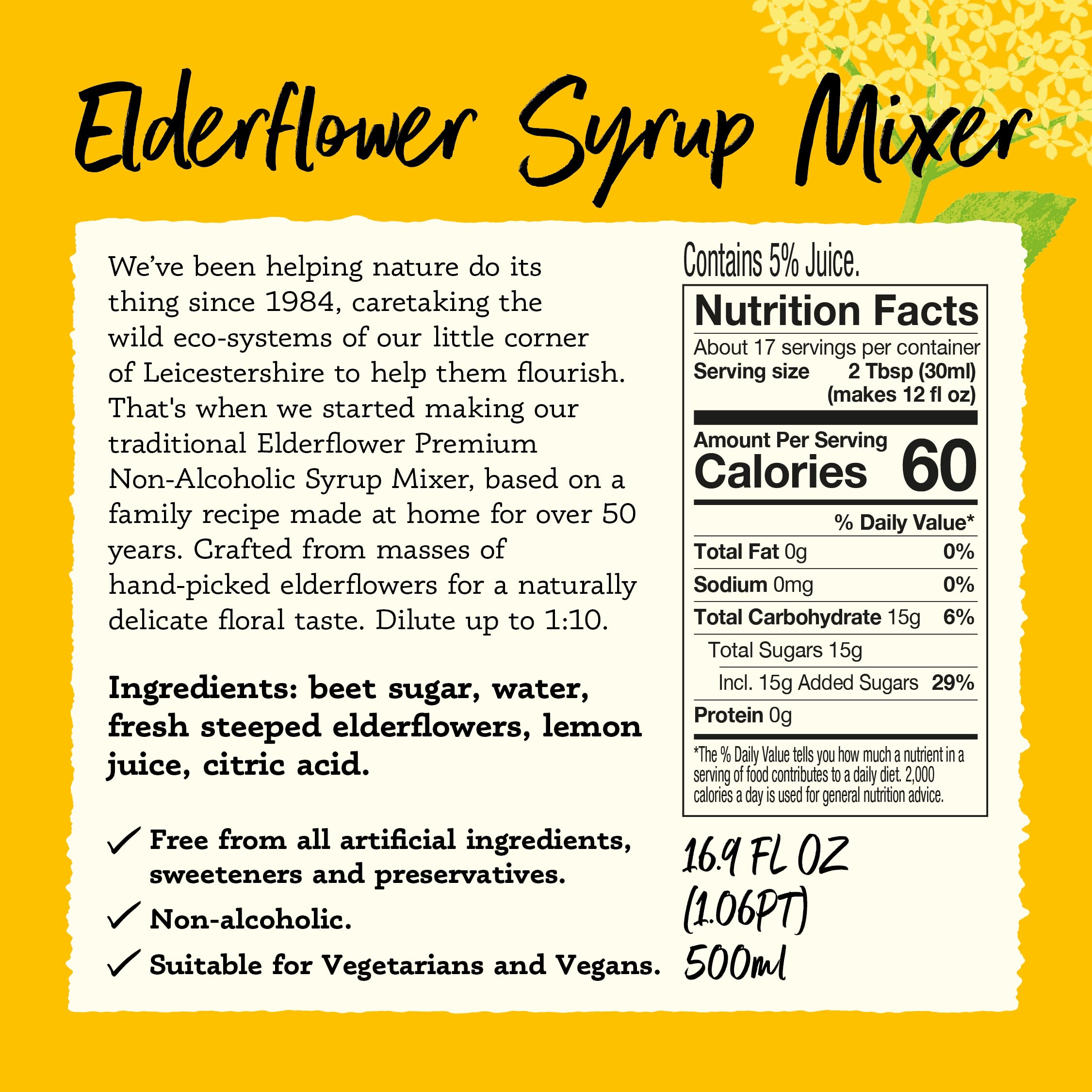 Belvoir Fruit Farms Elderflower Syrup label close-up showing artisanal branding.
