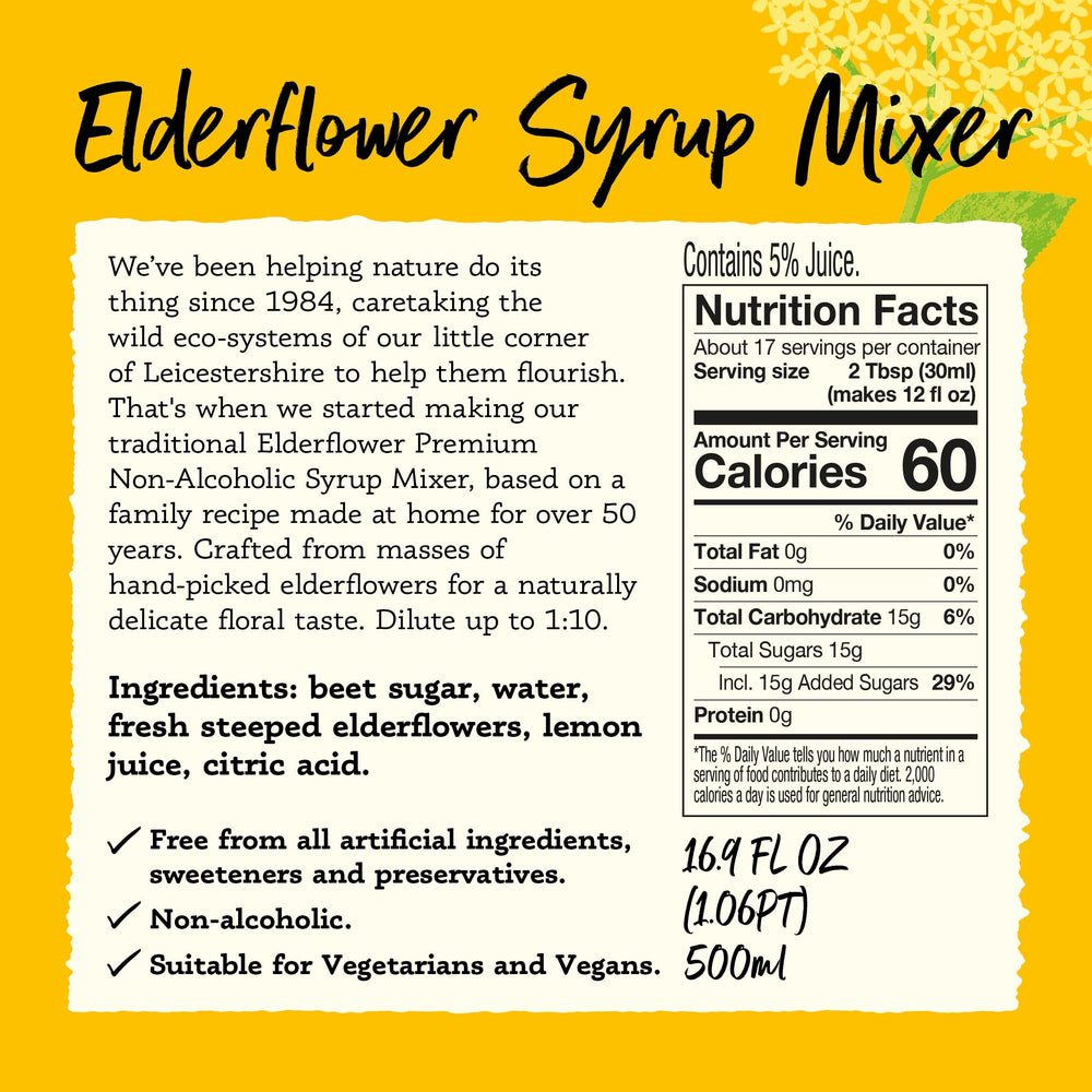 Belvoir Fruit Farms Elderflower Syrup label close-up showing artisanal branding.