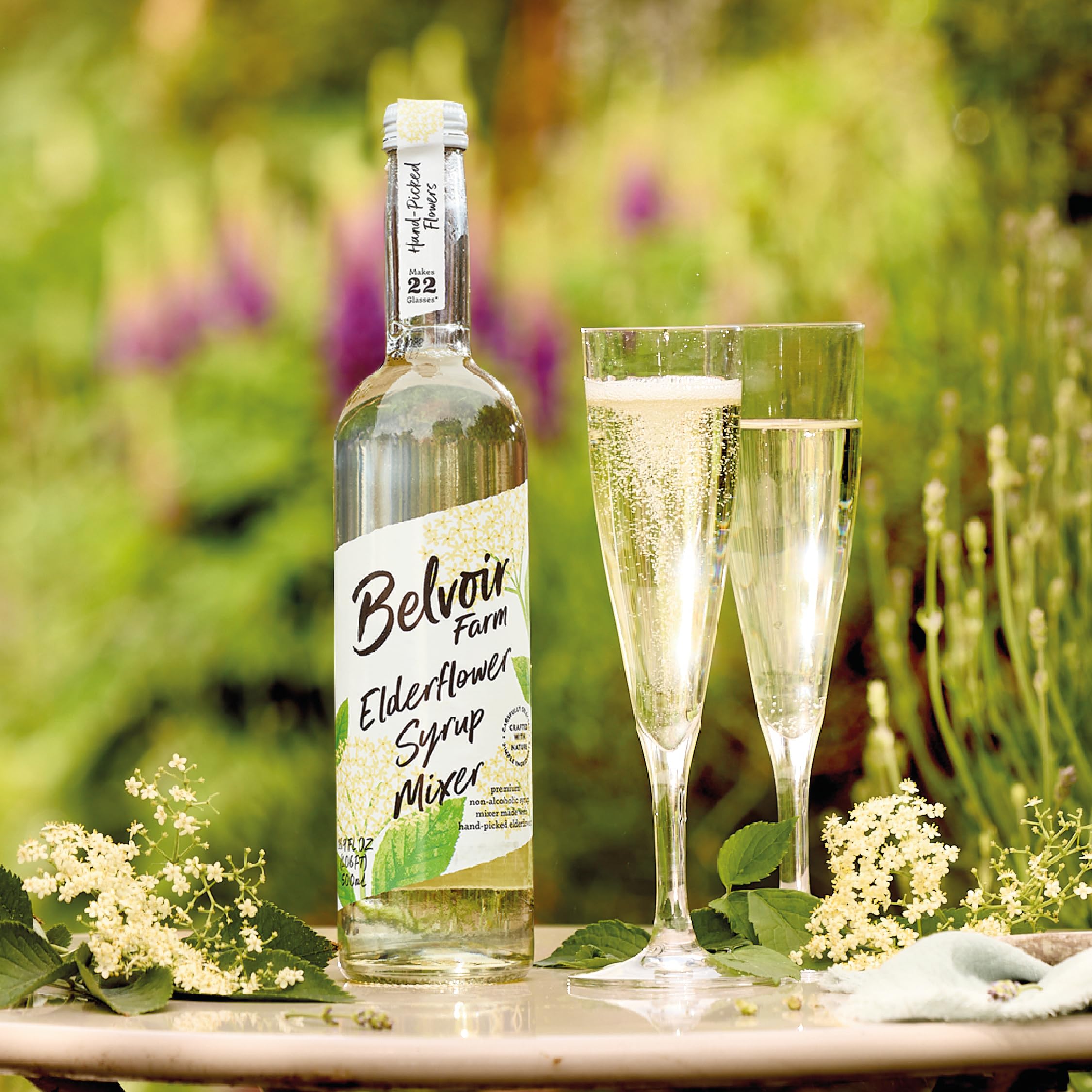 Belvoir Elderflower Syrup and sparkling water creating an easy mixer.
