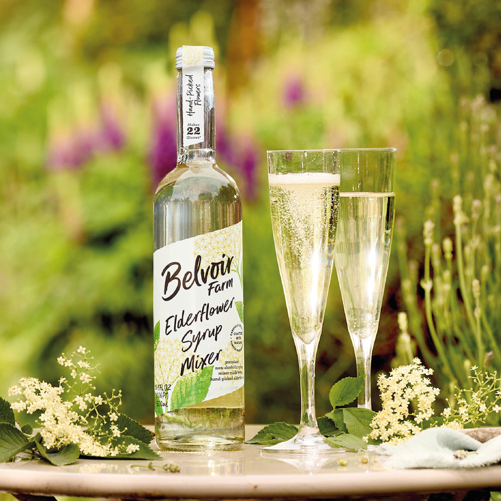 Belvoir Elderflower Syrup and sparkling water creating an easy mixer.
