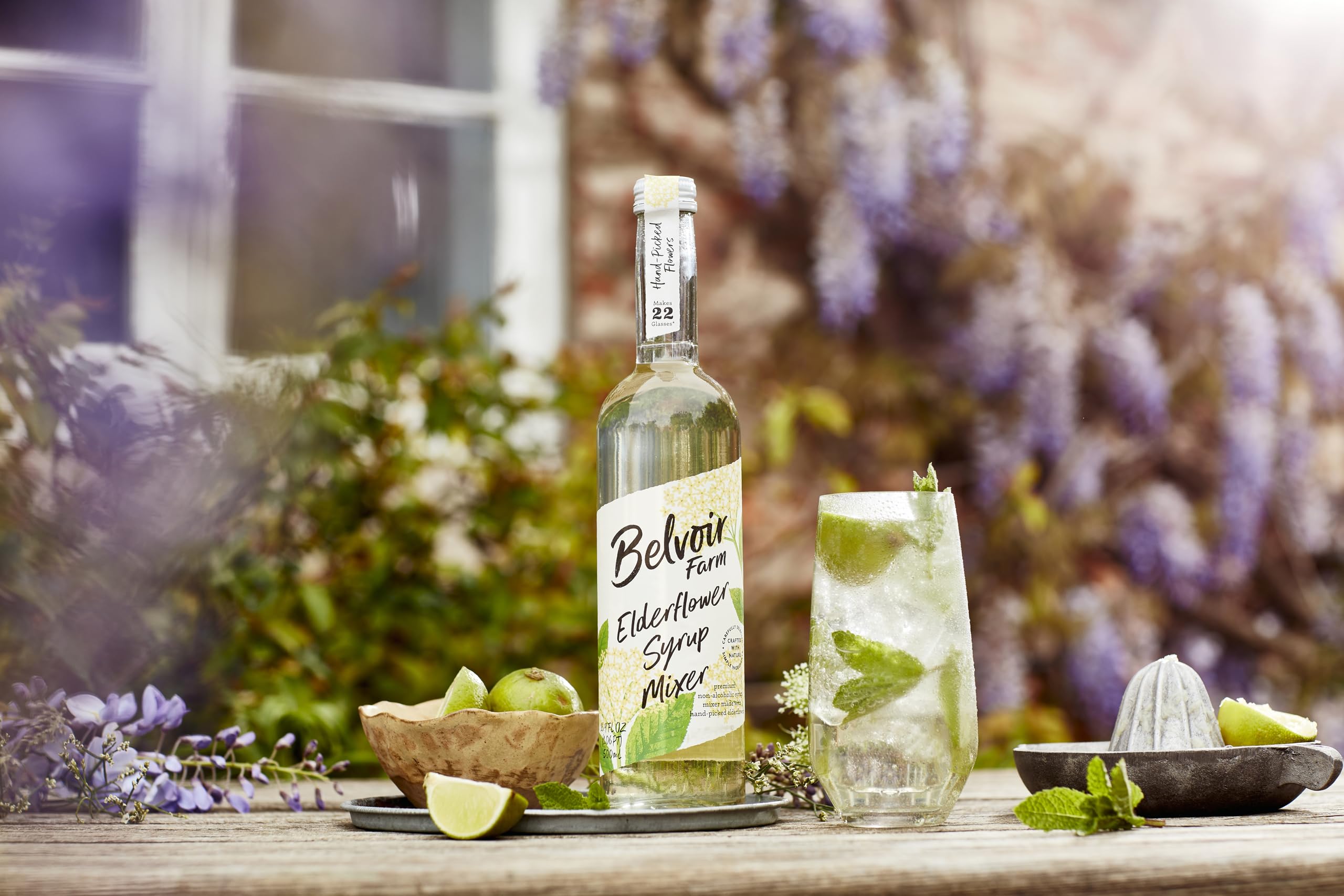 Belvoir elderflower syrup pack front with two bottles and artwork