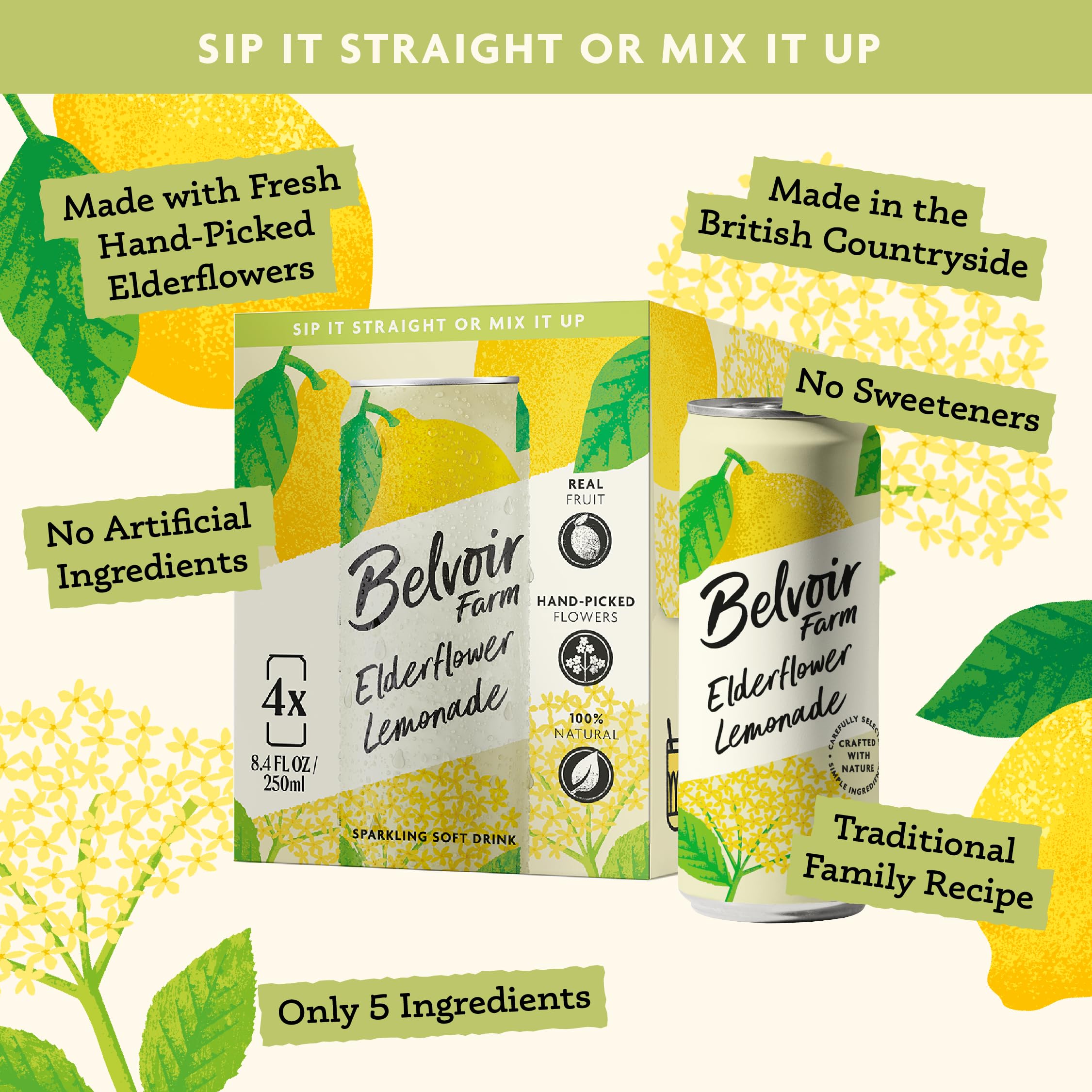 Belvoir Fruit Farms packaging 4-pack cans for convenient on-the-go refreshment.