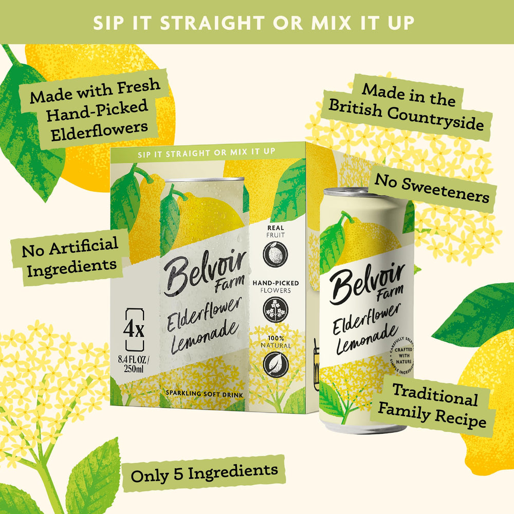 Belvoir Fruit Farms packaging 4-pack cans for convenient on-the-go refreshment.