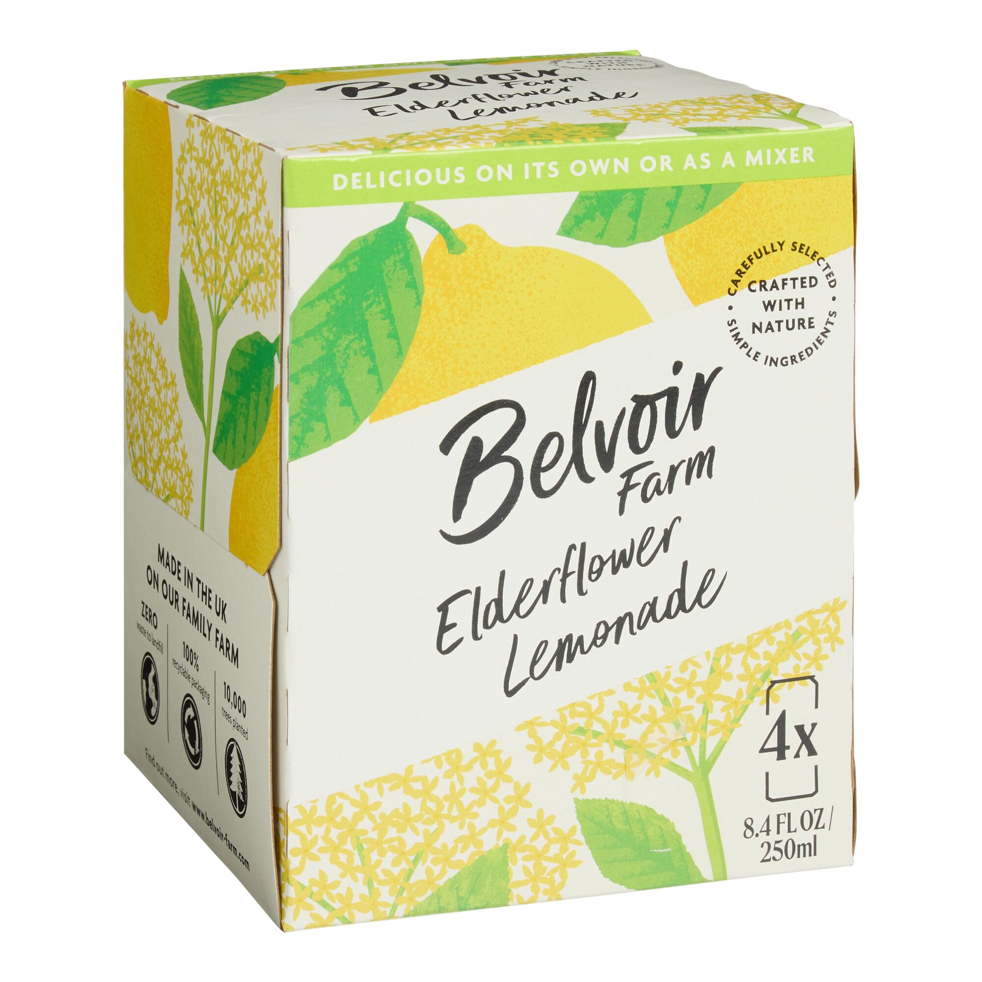 Belvoir Fruit Farms sparkling elderflower lemonade can in a 4-pack, ideal for on the go refreshment.