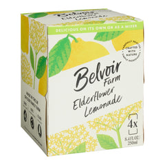 Belvoir Fruit Farms sparkling elderflower lemonade can in a 4-pack, ideal for on the go refreshment.