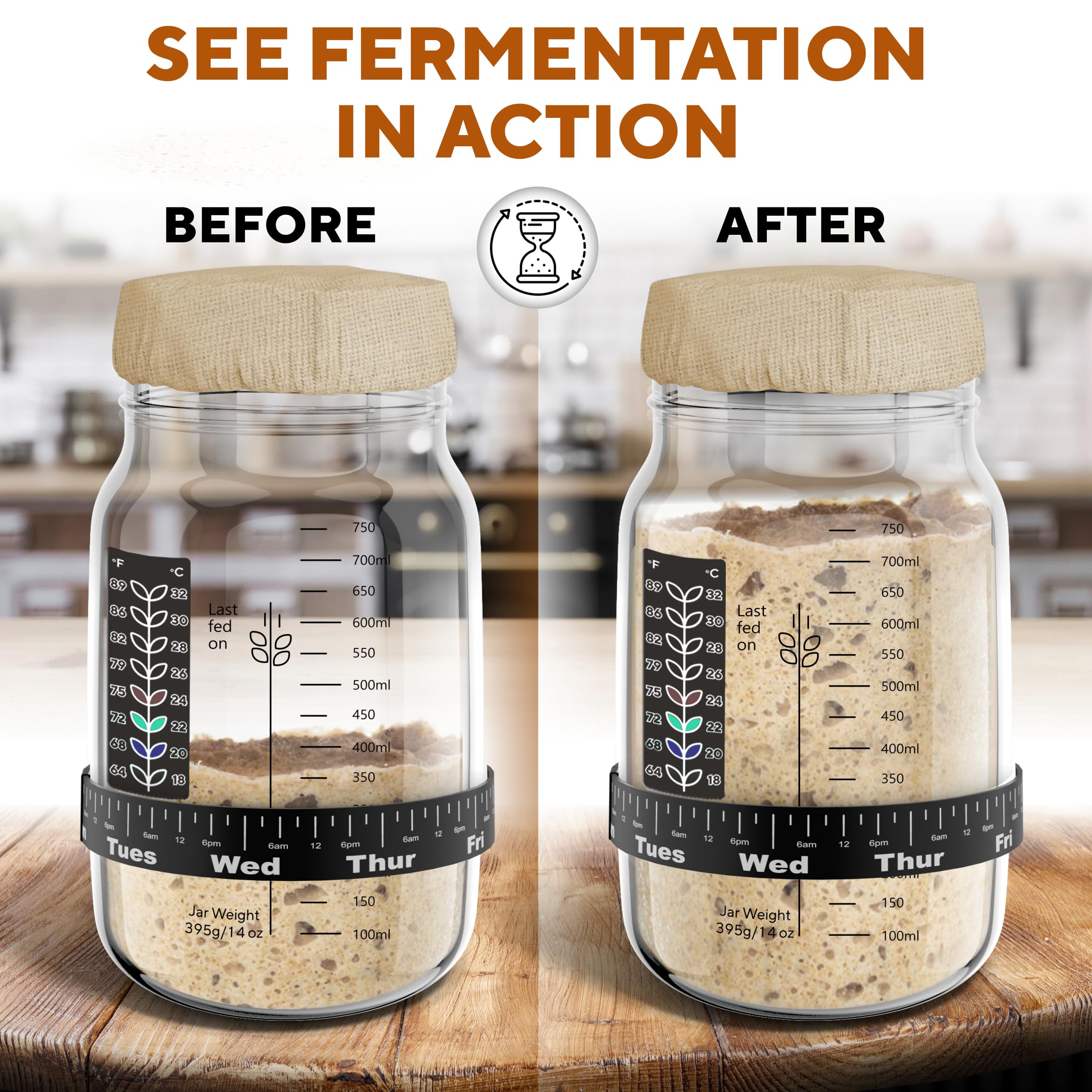 Benicci Sourdough Starter Jar Feeding Tracker helps monitor dough timelines