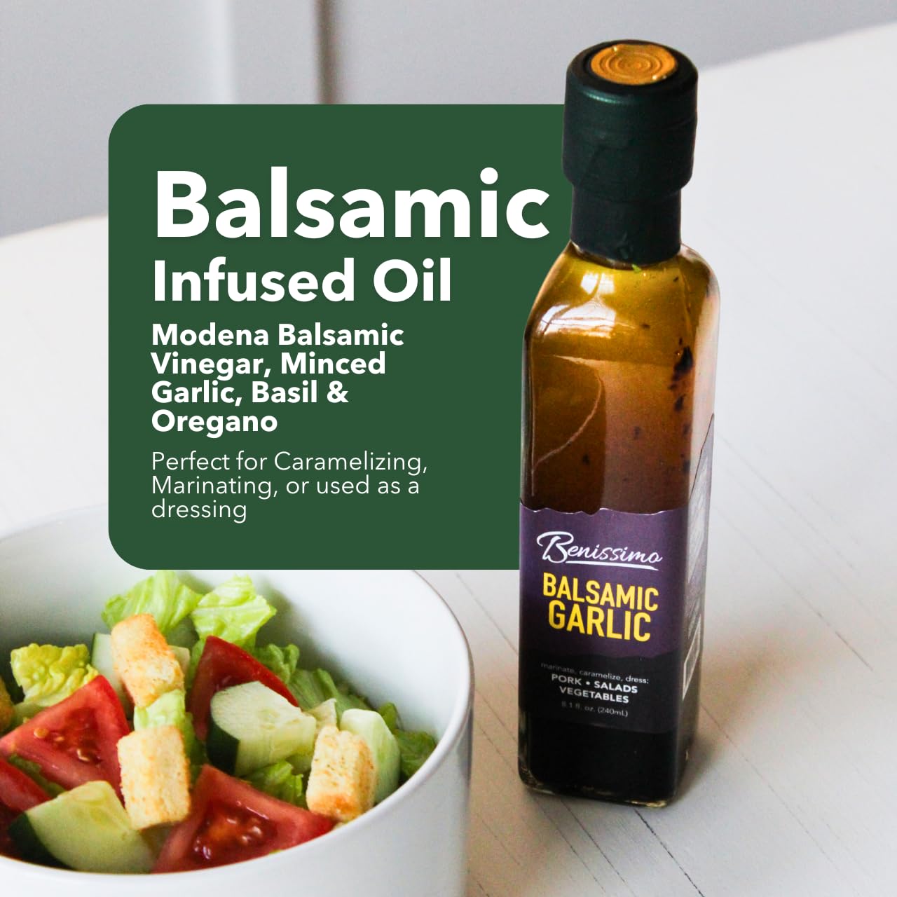 Benissimo Balsamic Garlic Oil bottle; sweet-tart drizzle for salads and breads.