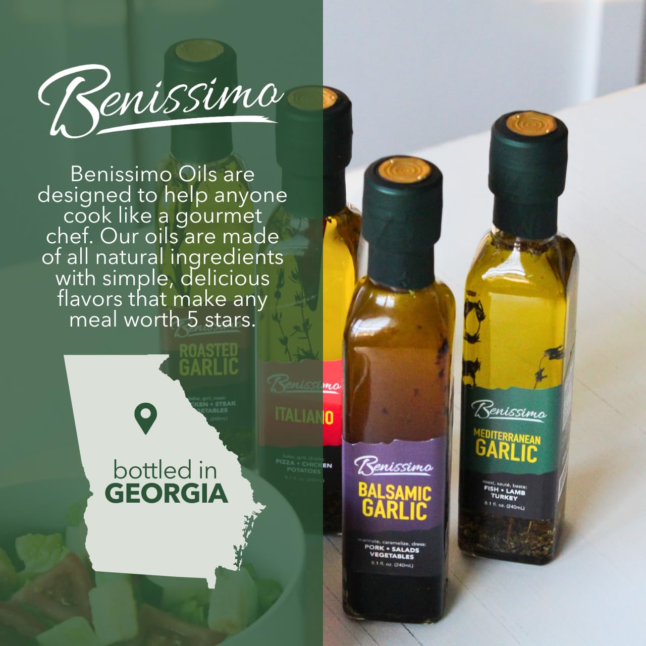Benissimo Dining Table Display; oil bottles ready for flavorful meals.