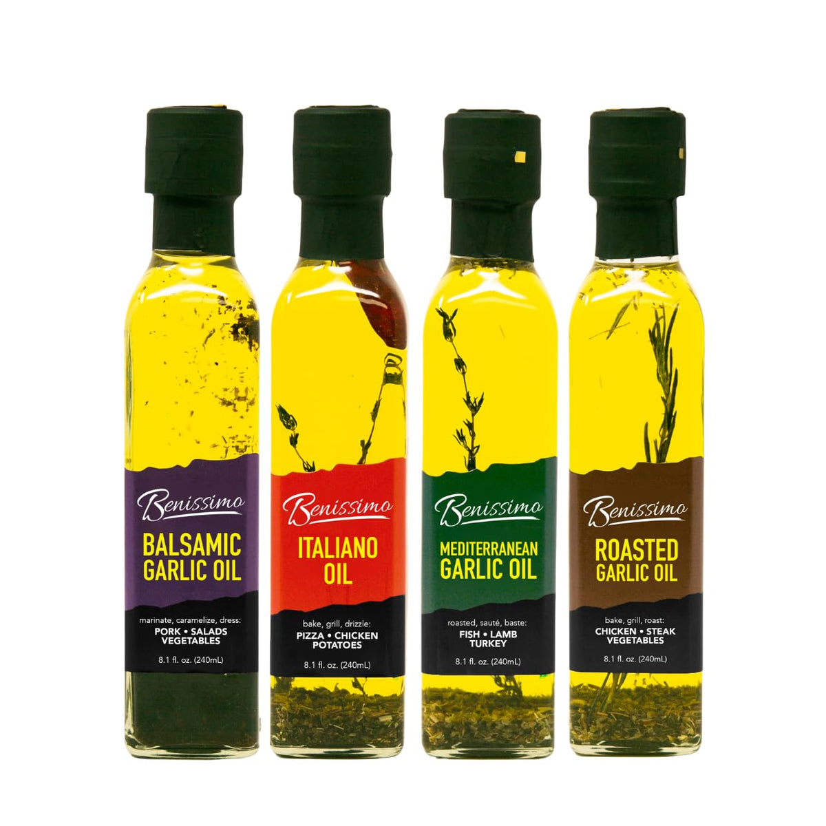 Benissimo Italiano Herb Oil bottle; aromatic herb flavor for sauces and roasting.
