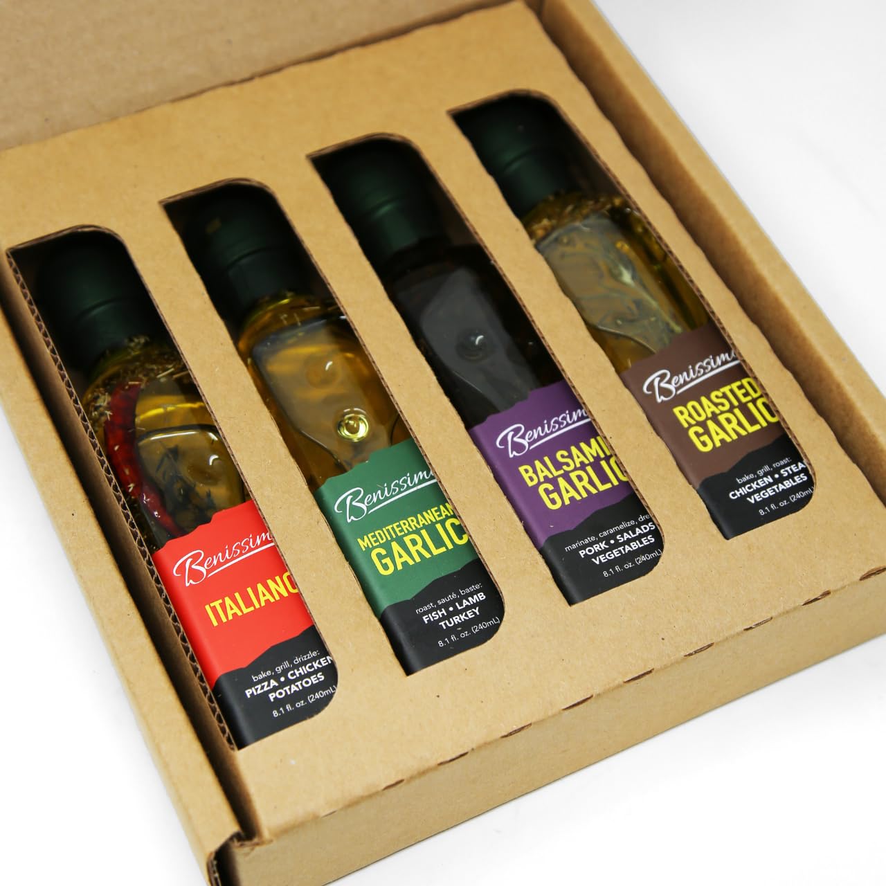 Benissimo Mediterranean Garlic Oil bottle; bold notes for pasta and vegetables.
