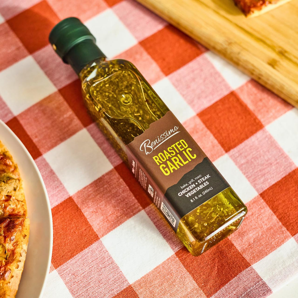 Benissimo bottle close-up highlighting garlic, rosemary, and thyme aromas.